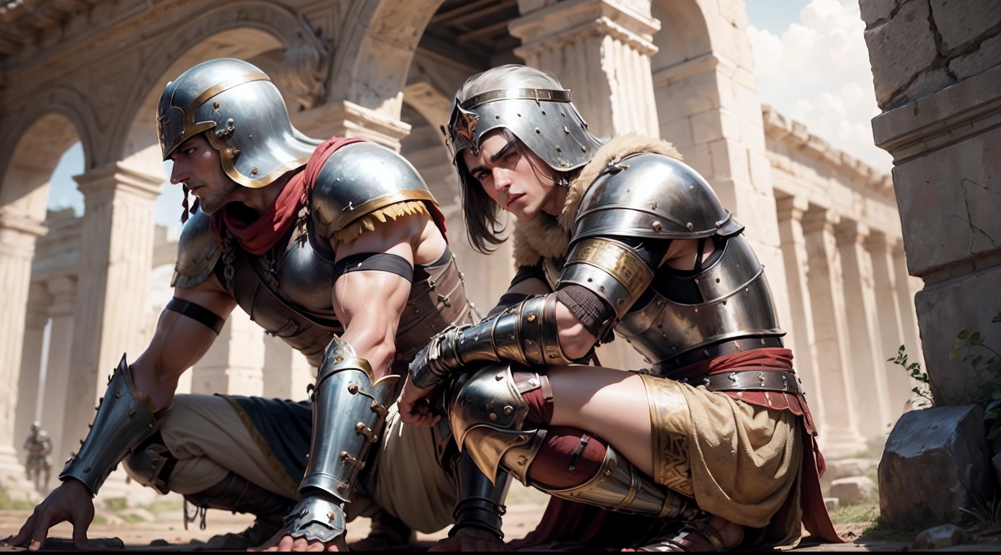 Roman soldiers (all male wearing ancient metal armor) hiding and crouching --auto