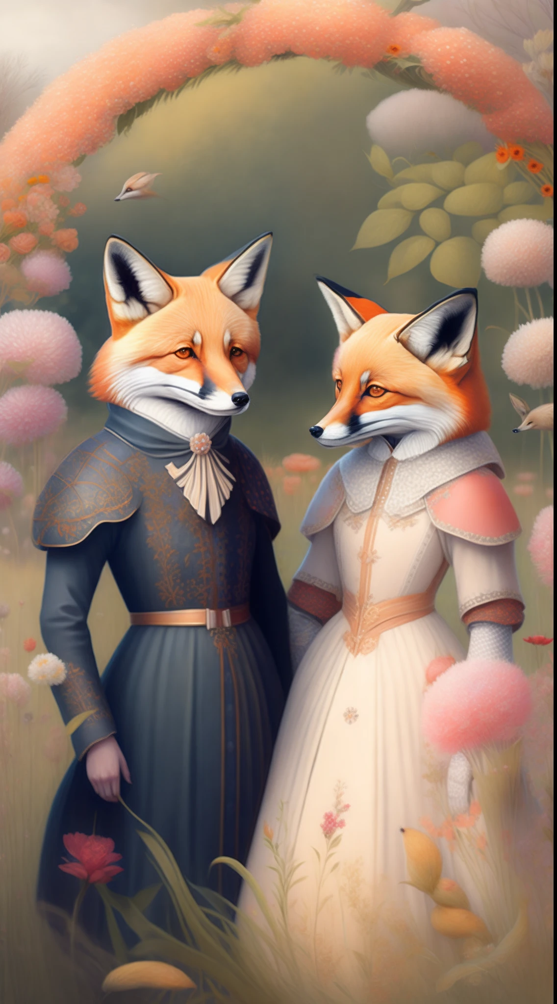 Fashionable animals : A fox couple in medieval costume. In a field of flowers in the manner of Miho Hirano. Profondeur de champ, chef d'oeuvre. 16k.
