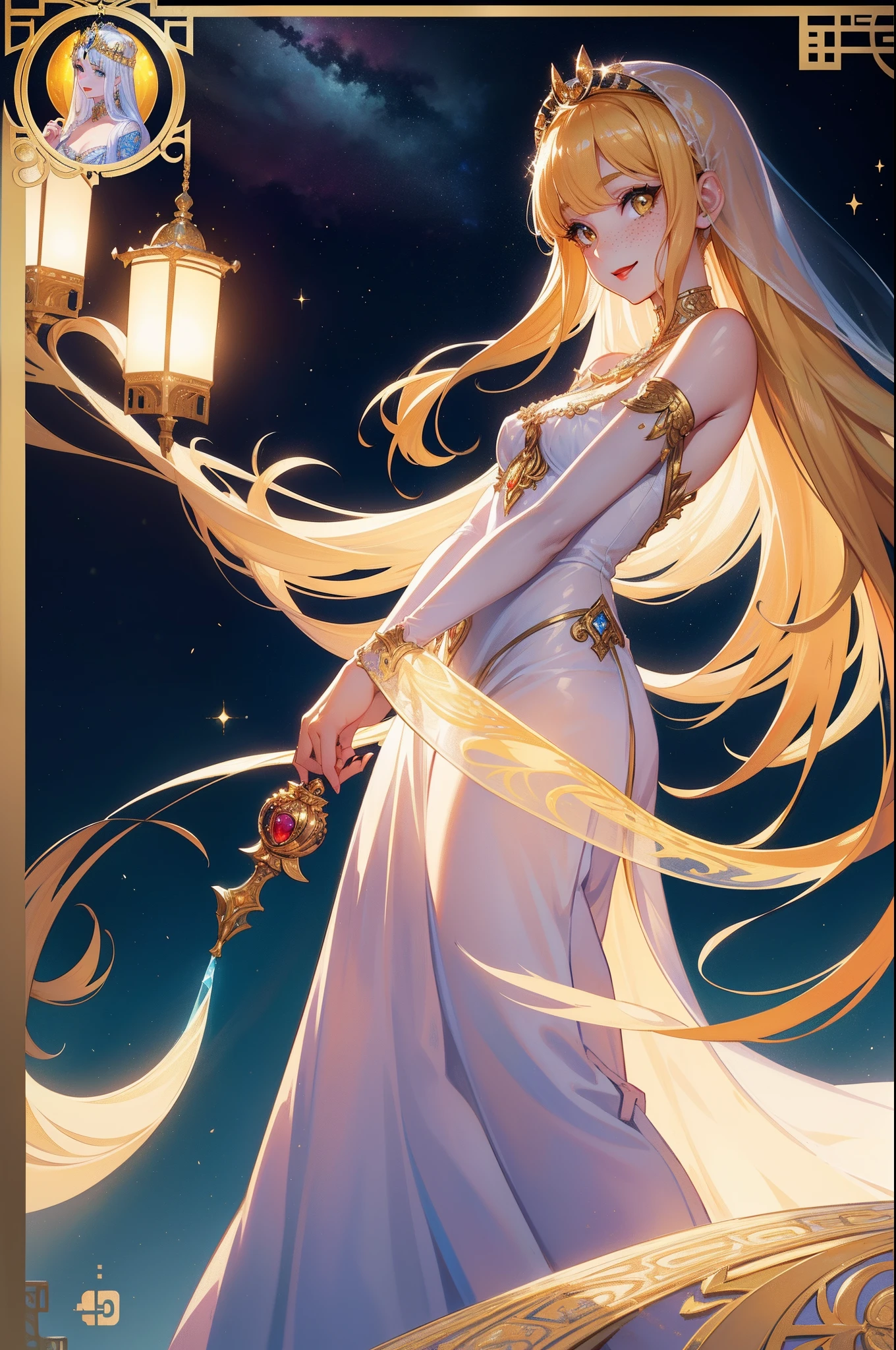 (Masterpiece), (best quality), illustration of young girl with freckles、blushed, anime, 1. **fashion**: wearing Arabian night style attire, 2. **hairstyle on**: (very very long shining bright transparent Hair:1.5), tie her hair up, hair color is platina blond, transparent and shining hair, 3. **Features**: (((a girl like Audrey Hepburn in Roman Holiday))), (smiling), (best angle), Looking to the Viewer, Contemporary Girl),(Big yellow crystal eyes), (round red lips), girl features with soft features、Beautiful、warm atmosphere, intelligent Beatty, Beautiful, smiling, happy, thinking about her boyfriend, looking to the viewers, 4. **accessorized**:Accessories play important role to express her feeling, By drawing accessories with attention to detail、You can give your character personality. 5. **background**: (fantastical and translunar Arabian night background:1.4), (surreal:1.3), (shining brightly), ((dazzling)), ((3D)), ((paper art:1.3)), (((colorful tone))), (Art Nouveau illustration:1.3, paper art:1.4), (Reasonable design, Clear lines, High Sharpness, Best Quality, Very detailed, masterpiece, Movie Light Effects, 8K), (3D), Colorful, Happy, best angle, fashion photo , model, cool