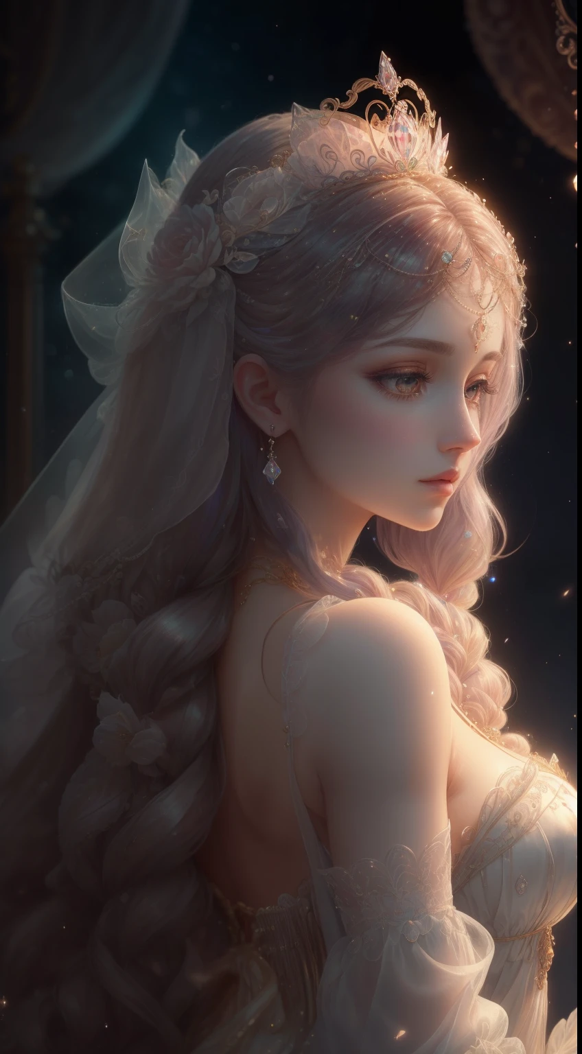 tmasterpiece，Highest high resolution，Soft lighting，Beautiful aristocratic maiden，Delicate braided hair，Coiled hair，Shining clear eyes，The hair is covered with beautiful and delicate floral craftsmanship, crystal、Diamond jewelry filigree，Ultra-detailed details，upscaled。Pastel, Dreamy, Whimsical, Delicate, Gorgeous golden shell crown, Epic surrealism, The upper part of the body，Meticulous, Magnificent, max details, extremely hyper aesthetic，upscaled