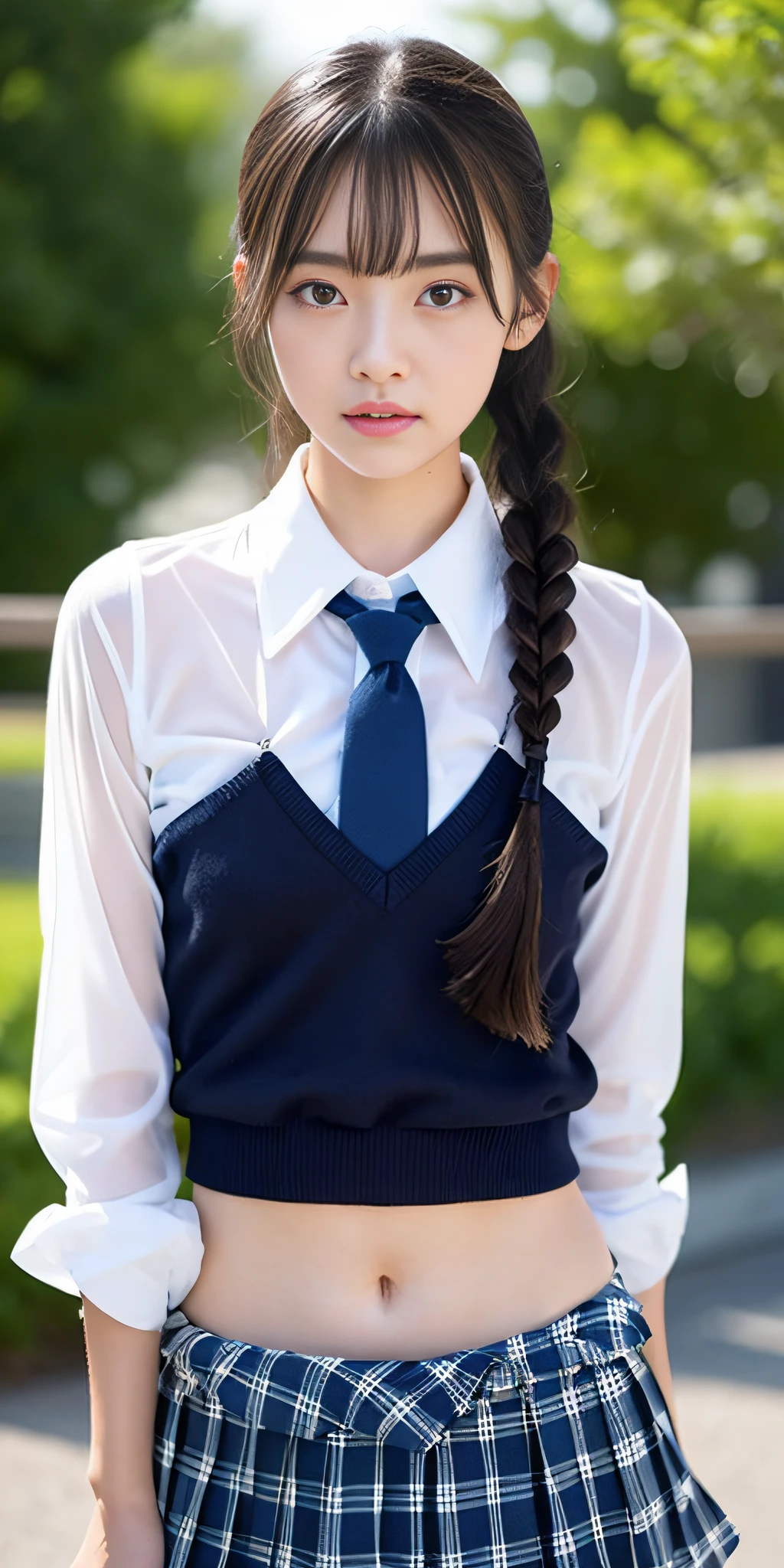 Neat and clean girl、(Schoolgirl Uniform、Loose and large shirt、shirt wet、The shirt was wet and、、、、are see-through、Sheer white shirt、Navy blue ribbon at the collar、School Uniform Blazer、Dark blue pleated micro mini)、Outside the field、(Slimed)、Photorealsitic、detaileds, Skin Texture, ultra-detailliert、Delicate and sexy collarbone、Super Detailed Face、Detailed lips、A detailed eye、二重まぶた、tiny chest、Smaller chest、small tit、Small、flat breast、Chest emphasis、((Very distressed look、Very embarrassed look、Lift the hem of the skirt yourself,、Show the camera your white panties))、Lowered ponytail hairstyle、Sidetail hairstyle、Braids