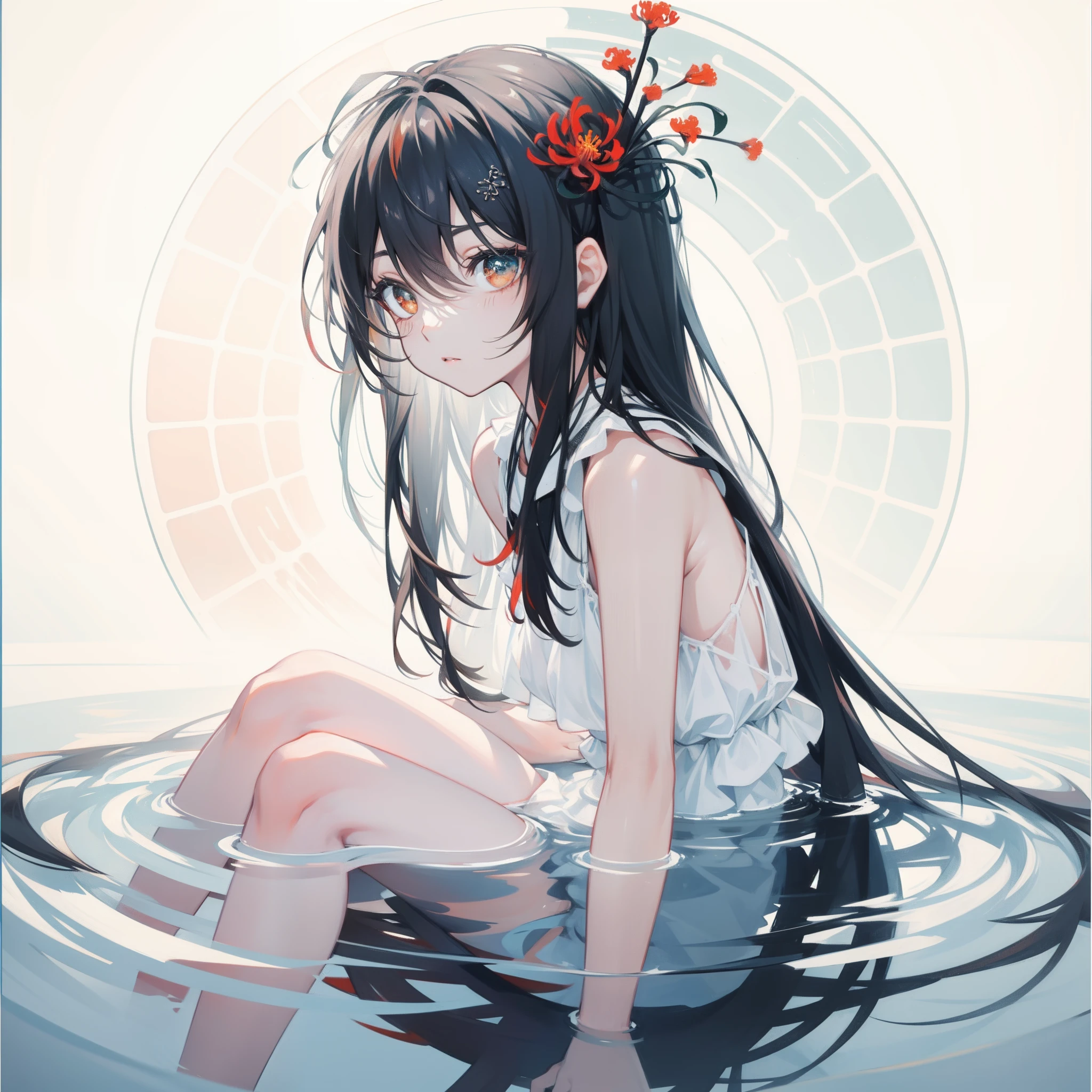 spider lily, white background, sitting in the middle, inside in the circle in the middle, water reflection,