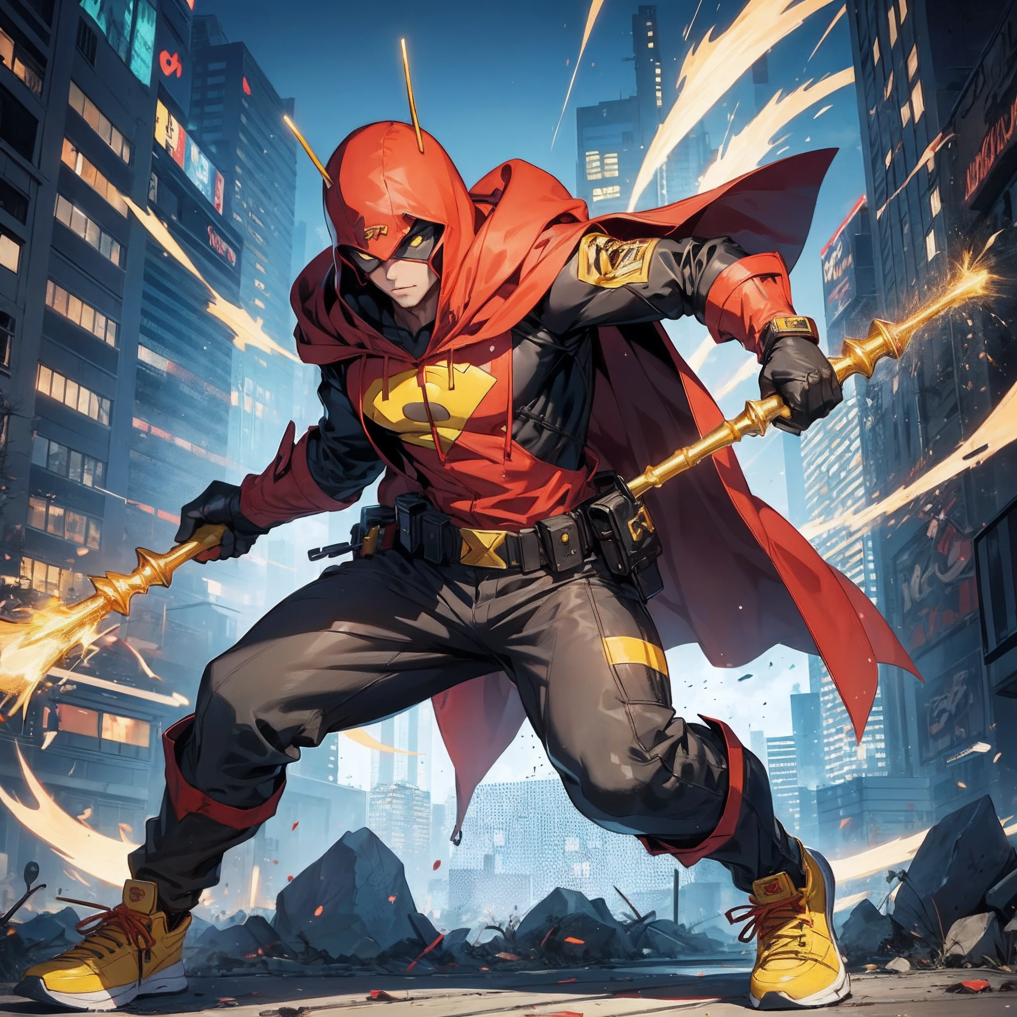 male superhero in red full body uniform, yellow sneakers, red hood with two antennae sticking out of it, yellow heart symbol on chest, holding red and yellow warhammer. --auto --s2
