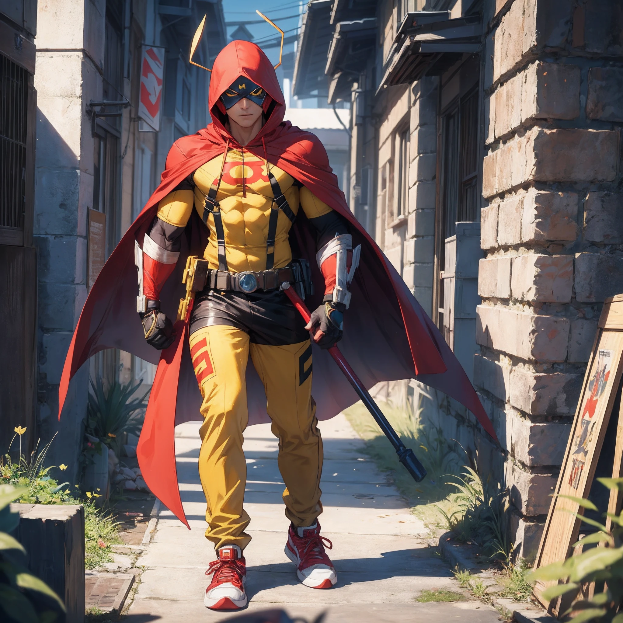 male superhero in red full body uniform, yellow sneakers, red hood with two antennae sticking out of it, yellow heart symbol on chest, holding red and yellow warhammer. --auto --s2