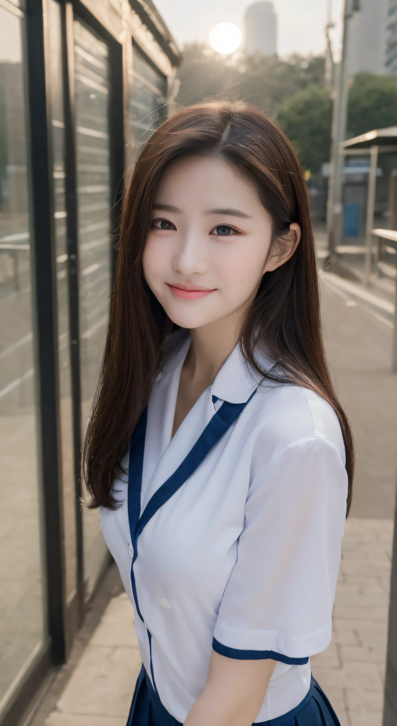 ((Realistic lighting, Bestquality, 8k, MASTERPIECE:1.3)), Sharp Focus:1.2, 1girl, A beauty with a perfect figure:1.4, Slim abs:1.1, ((Dark Brown Hair)), (school uniforms:1.4),(out door,at nighttime:1.1),City street,Ultra-fine face,Fine eyes,Double eyelidd,Pretty Smile closed mouth very thin lips, normal boobs, , closed mouth pretty sad face,detailed don't show teeth,