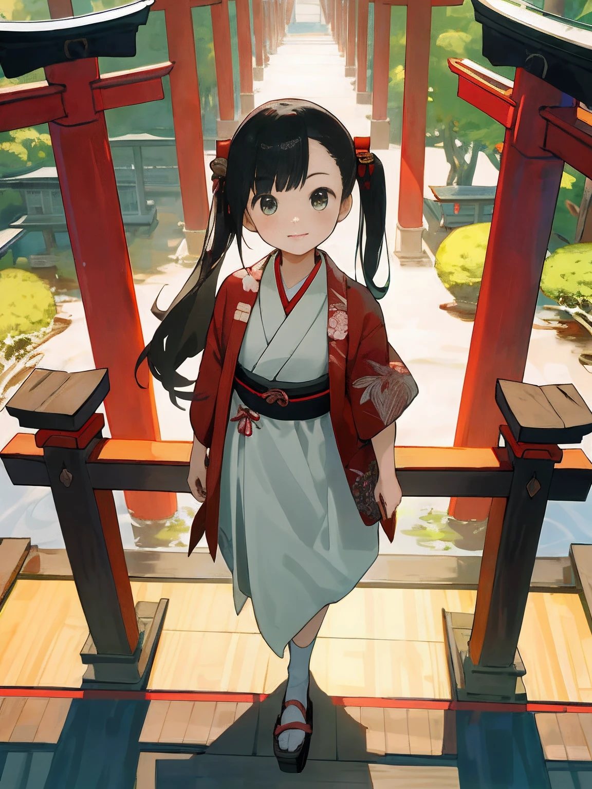 masterpiece, top-quality, 1girl in, The upper part of the body, Historical Background: Modern Japan、country: TOKYOcty、hairstyle on: Long straight hair、garments: Casual Japanese dress、shoe: Wooden clogs、accessorized: Japanese-style torii necklace、Angle from above,
