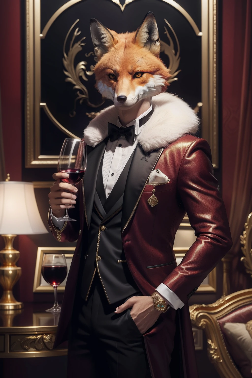 tmasterpiece,highest quality,4K,A high resolution,1fox,Human fox head,Fox in fashionable clothes,Holding a glass of red wine in his hand,Pedras preciosas, gold, jewely,Palatial room