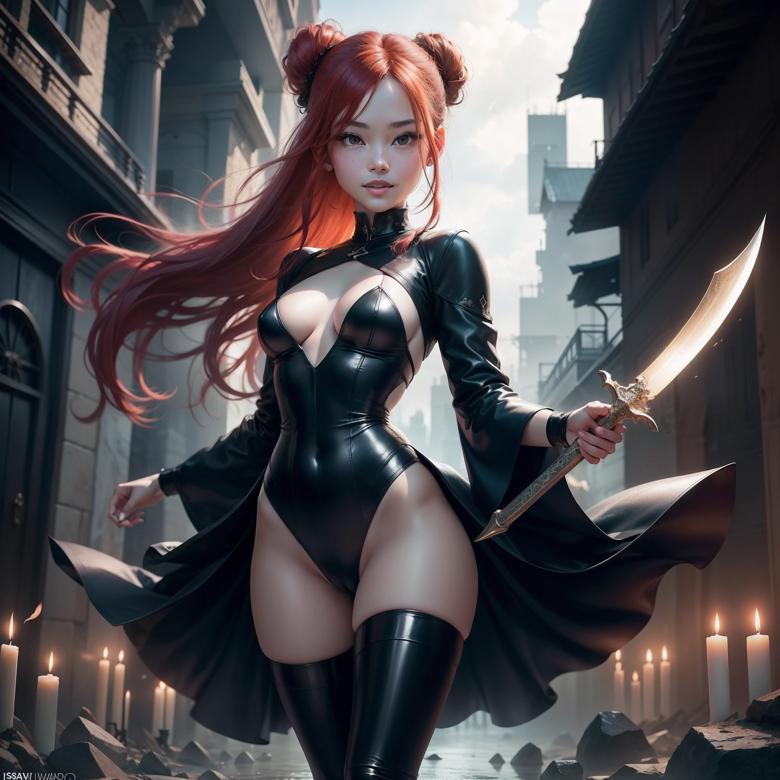 Natural redhead woman landing on the ground, Full Body Pose,, resent, half-opened mouth,Holding a sword in both hands、Niō Standing,Swinging a sword,Stylish updated hairstyles, hair in bun, Straight hair, Pretty Face, face perfect, Thunderstorm in the background, Destroyed otherworldly palace, Flame and thunder, Facial features are、Aya Yamamoto and Marina Matsui、It is a mix of Asuka Saito and Mao Akiyama, petite body, The photo looks like it was taken with a Sony A7 III, Professional Photographer, dark ambiance, Edge lighting, Cinematic, candles, witchcraft, Full body portrait, Hyper realistic, Beautiful face, 8K, Full body portrait, Elegant, Natural lighting, Sharp Focus, Very detailed face, bright and smooth bright skin, Beautiful face, Smiling, Happy, nffsw, Beautiful soft skin, 50 millimeters, low illuminance, dark and mysterious atmosphere, Vivid skin, Photorealism,Exposed underwear,Chest exposed,Shiny black leather outfit,You can see the shape of the,Skinny Legs,