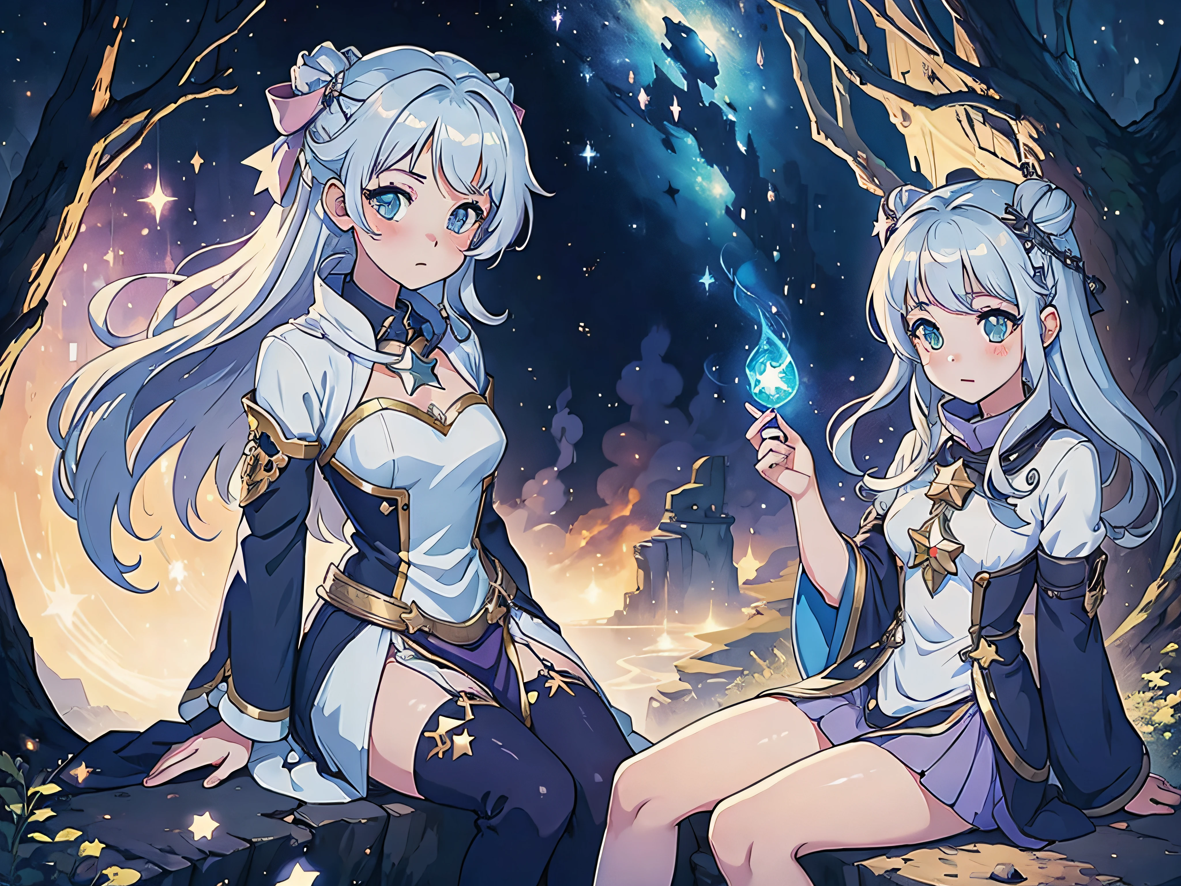 1 girl, anime style ,sitting, full body, stars pattern, fantasy clothes, fantasy style, cute, silver color hair, magic, bright colors