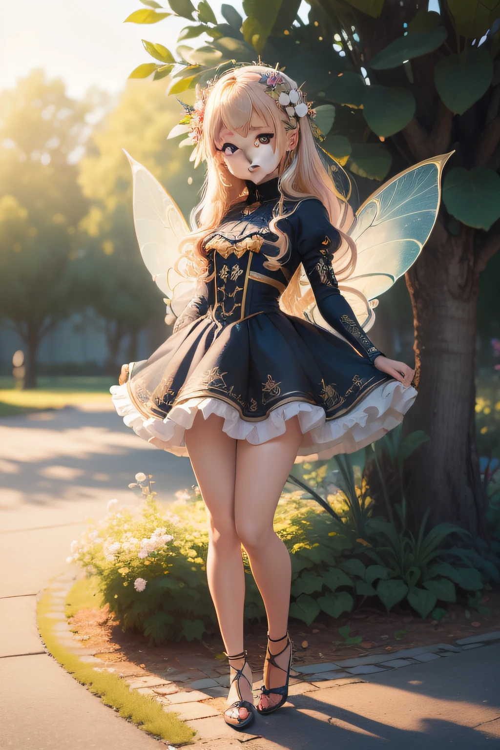 ((best quality)), ((masterpiece)), ( extreme detailed, highest detailed, official art, beautiful and aesthetic:1.2),  depth, composition FULL BODY, CHIBI,  Cute, (beautiful and detailed eye:1) , smilling, bokeh, bloom, blurred background , fairy, angel, (full body:1.5), photography, cinematic lighting, golden ratio