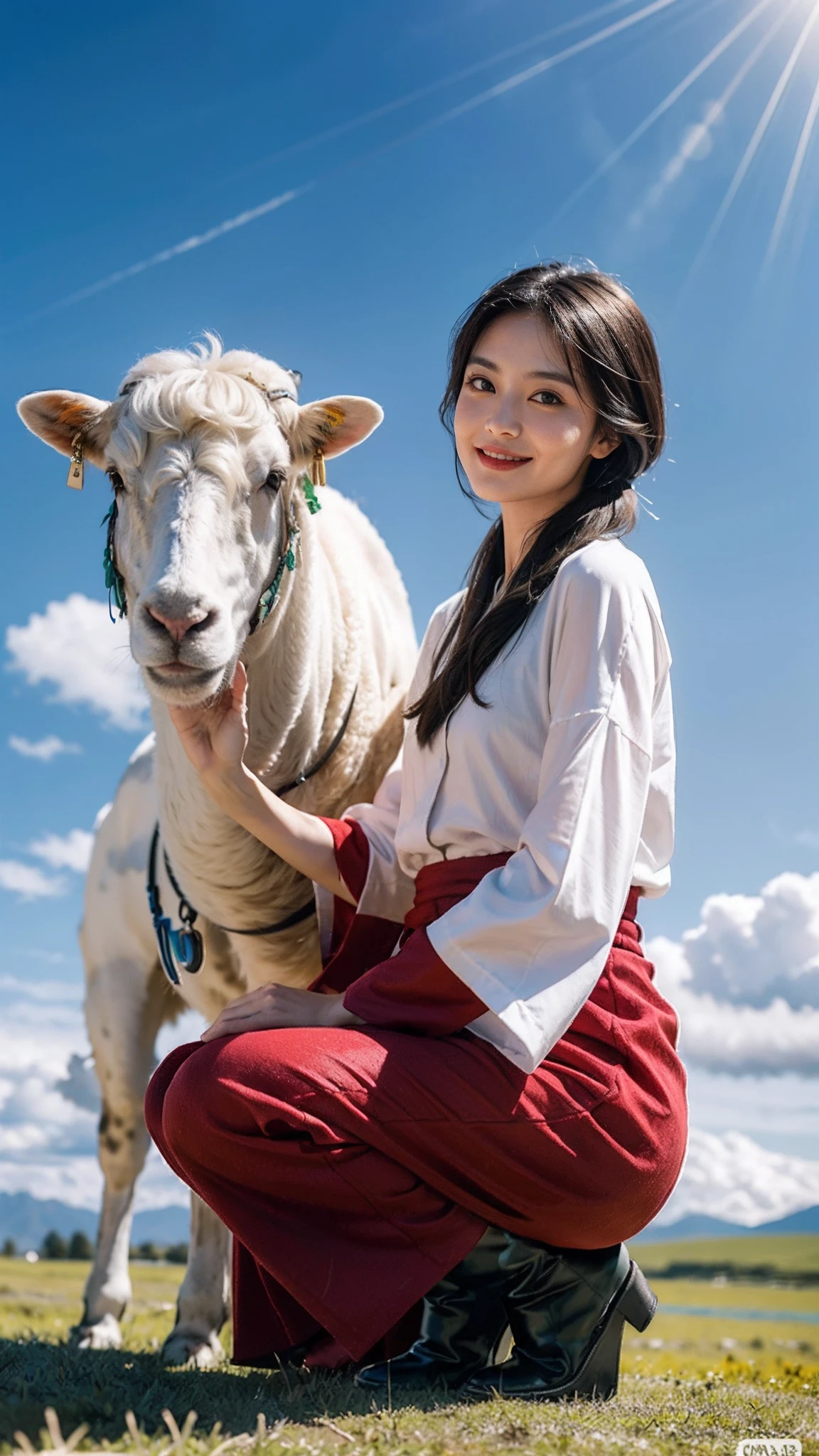 (Tomboyish,small head), (short-length straighthair: 1.2), Black hair,（极其细致的CG 8k壁纸），（Extremely refined and beautiful），（masterpiece），（best qualtiy：1.0），（超高分辨率：1.0），upper body，[A high resolution]，Smooth and flawless fair skin，ultra - detailed ，Slim，emaciated，happy，smile，Wrapped in a Mongolian headscarf，Wearing Gorgeous red Mongolian women's maxi robe，Mongolian pants，Long tube black boots，sitting on the ground，vast green grassland，sunny, blue sky, white clouds，flock of  Sheep, from front，frontlighting，Close-up，cowboy shot