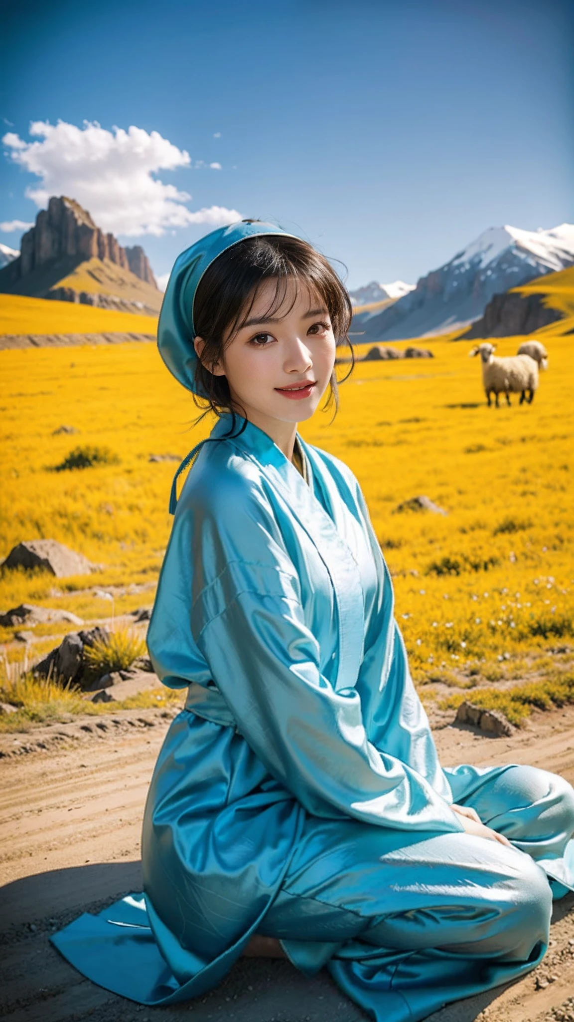 (Tomboyish,small head), (short-length straighthair: 1.2), Black hair,（极其细致的CG 8k壁纸），（Extremely refined and beautiful），（masterpiece），（best qualtiy：1.0），（超高分辨率：1.0），upper body，[A high resolution]，Smooth and flawless fair skin，ultra - detailed ，Slim，emaciated，happy，smile，Wrapped in a Mongolian headscarf，Wearing Gorgeous red Mongolian women's maxi robe，Mongolian pants，Long tube black boots，sitting on the ground，vast green grassland，sunny, blue sky, white clouds，flock of  Sheep, from front，frontlighting，Close-up，cowboy shot