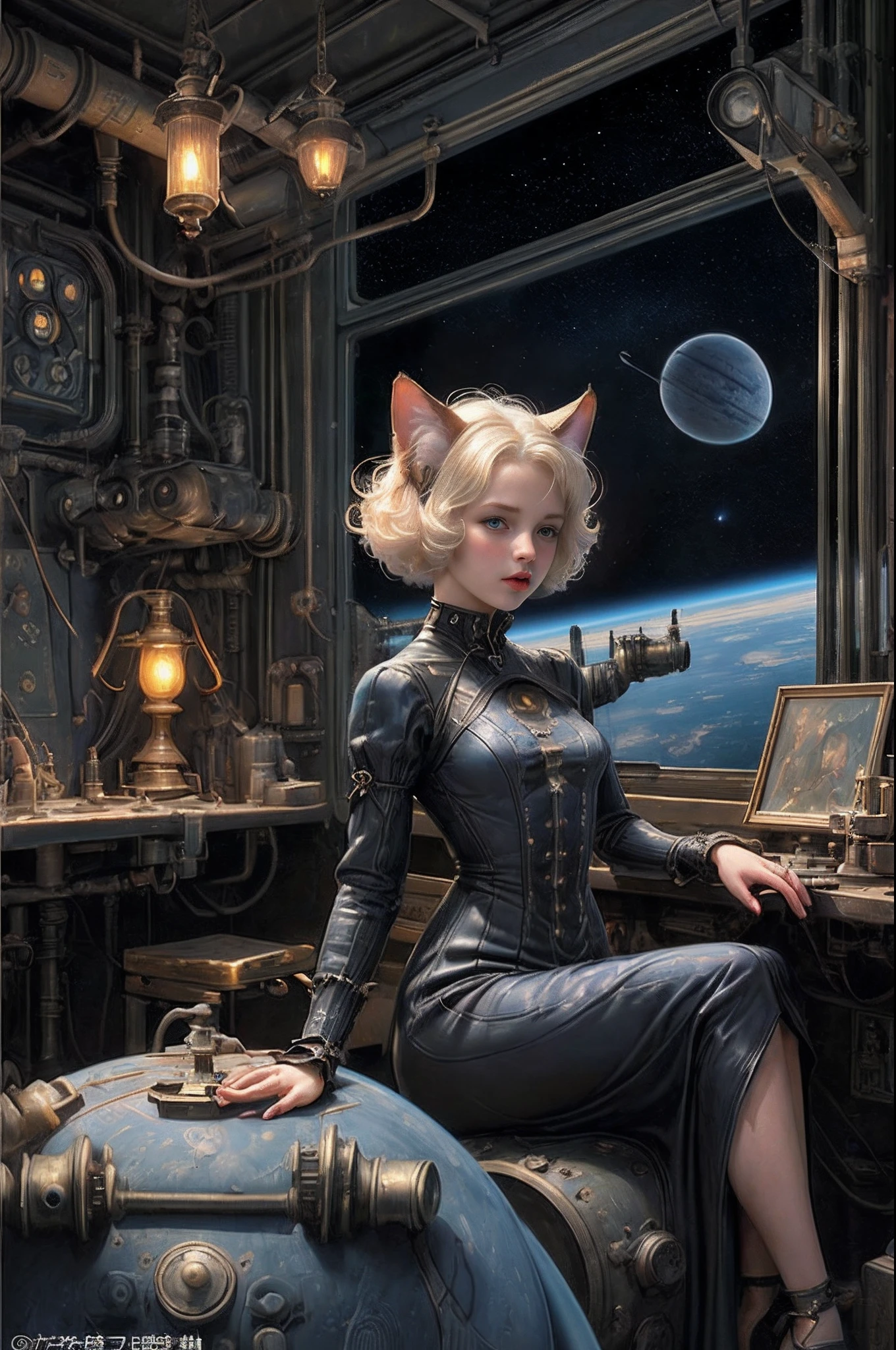 The highest image quality、masterpiece、an oil painting、Fantasy 3D、Leyendecker's style、Inside the retro space station、Beautiful Nordic girl、serene expressions、Pretty small face、Makeup is light、Two cat ears on the head、Short platinum blonde hair、middlebreasts、big butts、slightly thicker legs、Sitting in a metal tank、Full-body image、Long Sleeve Gothic Dress、Leather handbags、long skirt、steampunc、Brass Machinery、Analog Meter、Lots of pipes and cables fill the floor、The city outside the window is glowing blue、spaceships、A space station、Three division methods