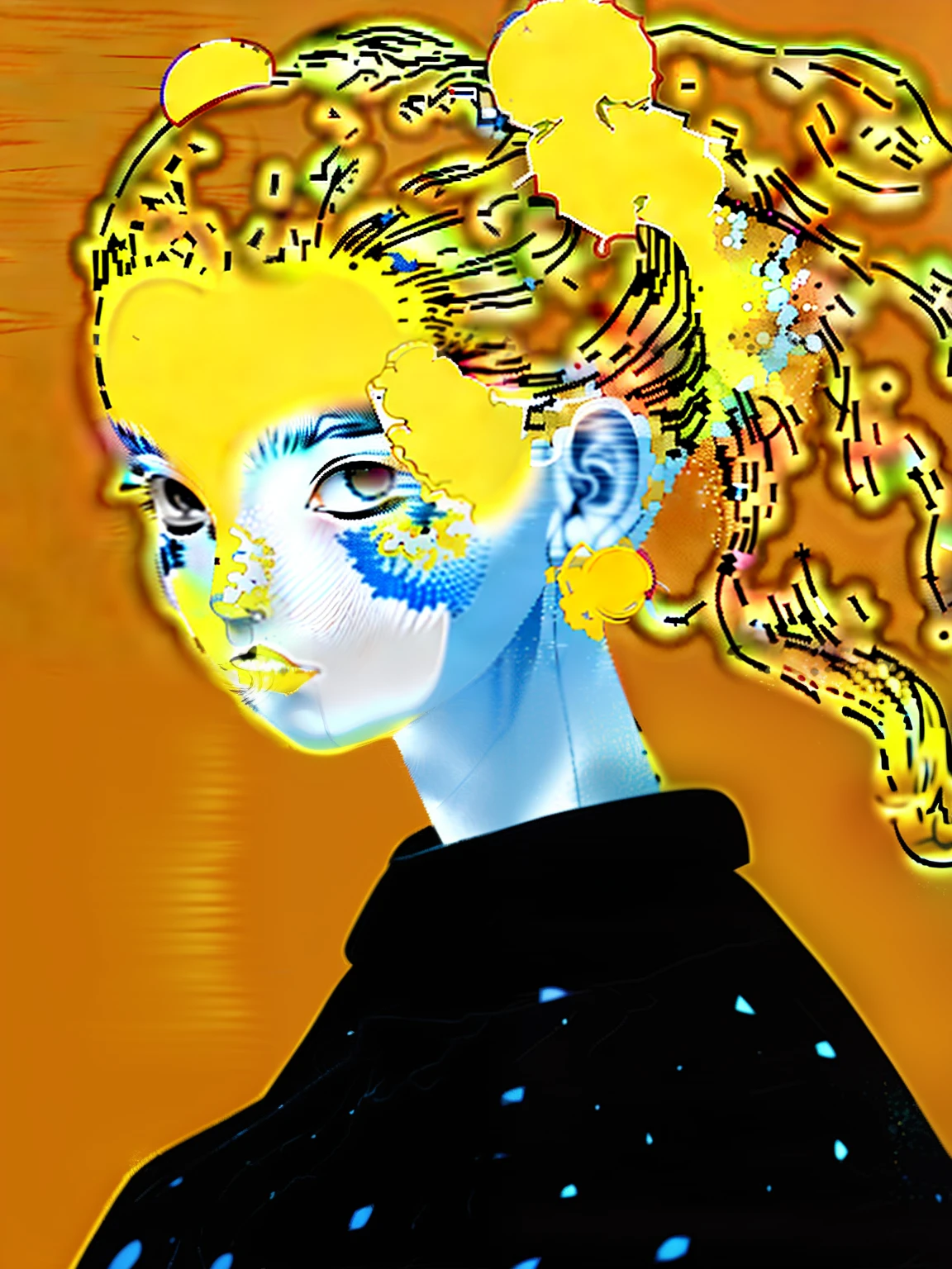 Illustration of a woman with a yellow face and black hair, some yellow and blue, Colorful illustration, in blue and yellow clothes, colorful illustrations, high contrast illustrations, high contrast illustrations, Yellow and blue, Blue and yellow, Illustration style, cmyk portrait, author:Ethan Tanaka, ( ( risograph ) ), author:Kentaro Miura