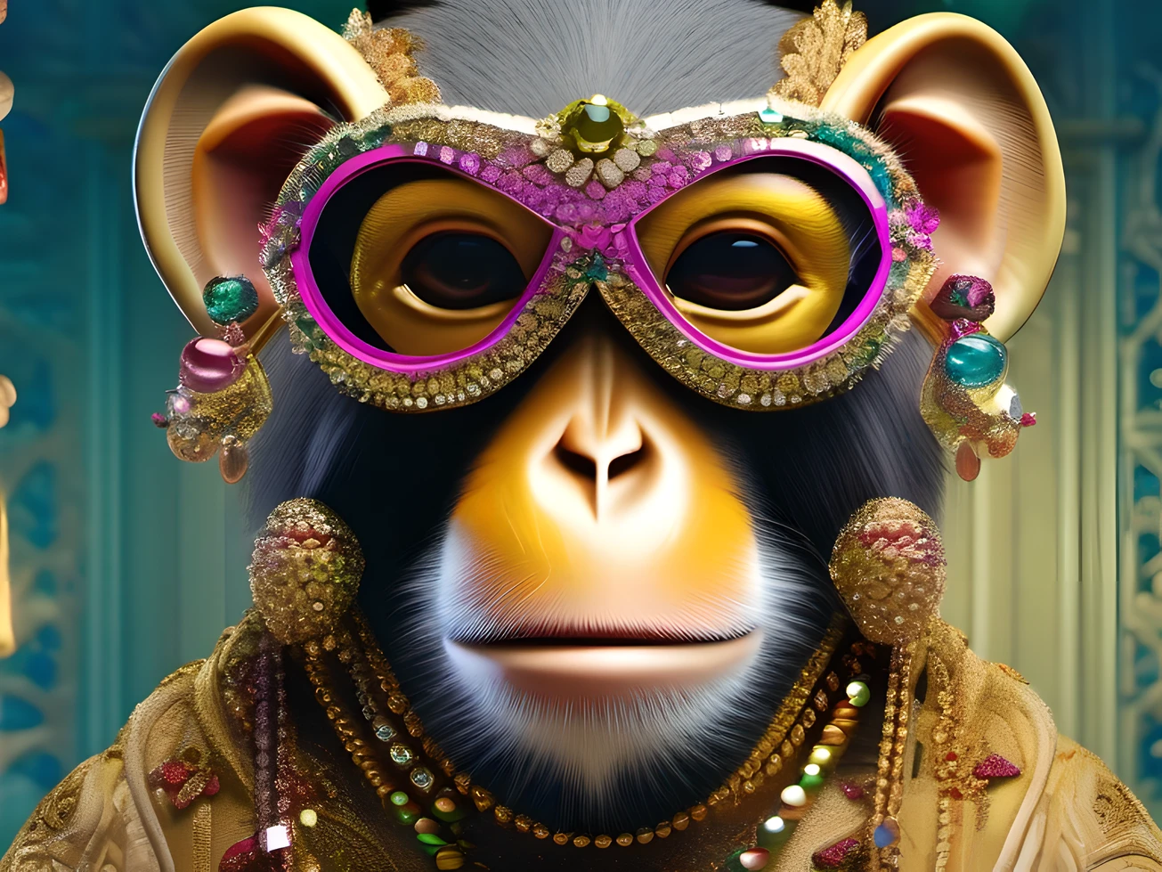 Jewel-Clad Monkey radiating elegance and charm, its impeccable fashion sense highlighted by stunning gemstone goggles. Surrounded by a vibrant arrangement of golden trinkets and shimmering jewels, the primate exudes an air of luxury. The composition employs a balanced distribution of elements, creating a visually harmonious scene. The lighting, reminiscent of a soft sunset, casts a warm glow on the monkey's opulent accessories. Exquisitely captured by a renowned photographer, this photograph reflects the seamless integration of animal grace and the allure of precious adornments.