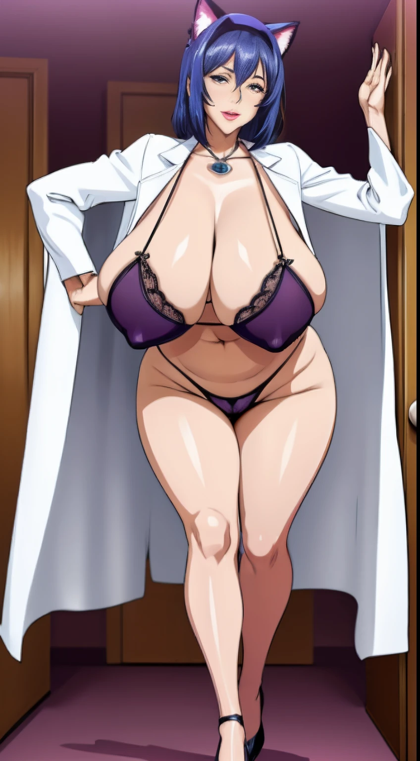A mature woman,A tall and beautiful mature woman,Cat ears,Erotic lingerie,high-heels,a matural female,Married Woman,Reveal thongs,Vaginal dents are visible in the thongs,huge tit,Oversized cups,gigantic cleavage breasts,White liquid flows out of panties,Wearing a doctor's white coat
