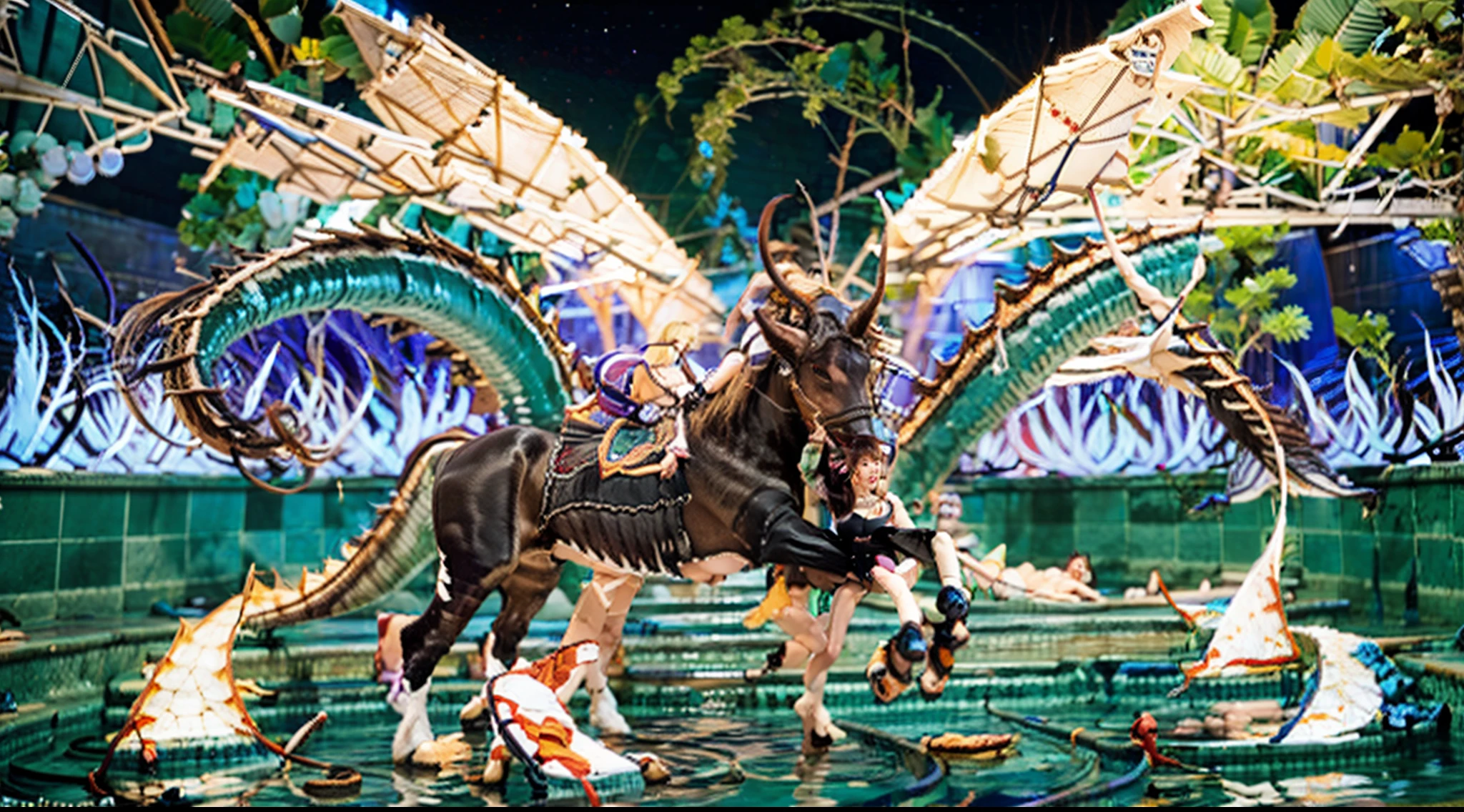 In the beautiful illustration of this super-grand scene，The ultra-distant lens shows us（Over eight separate and distinctive centaur characters：9.9），They all have their own characteristics，Vivid and interesting。Radiant from the heavens（Angelic centaurs：6.6），To nightmarish is（Centaurs surrounded by flames：6.6）、And then to the wind dancing in the air（Fairy centaurs：6.6）、And thunder and lightning surrounding（One-horned centaur：6.6），and shining metallic ones（Mechanical style centaur：6.6）、And then（A centaur with colorful dragon scales covering the whole body：6.6）The power is powerful、Elegant and agile（Elf centaur's slenderness：6.6）Gracefully wears a flower crown、Enchanting and charming（Tiflin centaurs：6.6）、Have the indescribable（Raised sexy：6.6）'s（Succubus centaurs：6.6）。Each character has their own unique charms and abilities。The illustration uses advanced artistic techniques and tools，（Use nesting、woven、stitching、ssee-through、arrange、grouping、Storyboards and other methods，Divide the scene into sections by geometric arrangement：9.9），Each section corresponds to a centaur character，This makes more efficient use of space。Through Midjourney's advanced brush tools、Color palette、Material packs and model packs、Texture tools，For each centaur, beautiful props are designed to increase racial characteristics、Clothing and physical features，（Enhances the character's personality and visual appeal：2.5），The scenery in the illustrations is stunning，There are changing skies、rainbowing、extreme light、Stars and Moon。Incorporating iconic landmarks such as Mount Everest，and fireworks、tranquil lake、Natural and urban elements of waves and neon lights，Creates a magical atmosphere，The centaurs display their unique abilities and equipment in a variety of environments，This is true even in extreme alien landscapes。（Use Midjourney's tools、Material packs、Texture tools、The color palette makes depicting details vivid and realistic：9.9），From complex hairstyles and as well as different racial traits、Body、Ap