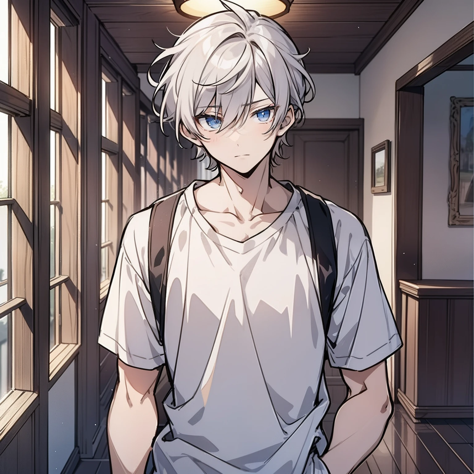 Around 18 years old, young anime man,short white hair 1.5,Wear a plain white shirt,standing in the room(Indifferent expression 1.5)(The background is in the room in the village:1.5),Anime style 4K,Anime rendering,style of anime,8K fineness,(Upper body display:1.5)(Cinematic lighting:1.5)(Handsome anime boy 1.5)