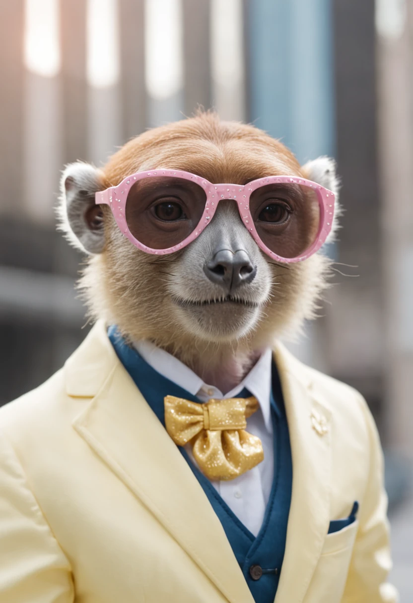 Photo portrait, A fashionable monkey in a tie and suit，Wear a pair of goggles，Exudes a charming glow，Gemstones and gold dot the body，Adding a touch of luxury and jewelry beauty，Shanghai shopping mall background,the street，abortion，vehicles，A man in a pink jacket and yellow tie and a blue shirt and pink jacket and pink jacket，Annabelle Kidston, Professional photo, a character portrait, kitsch movement, Pastel colors