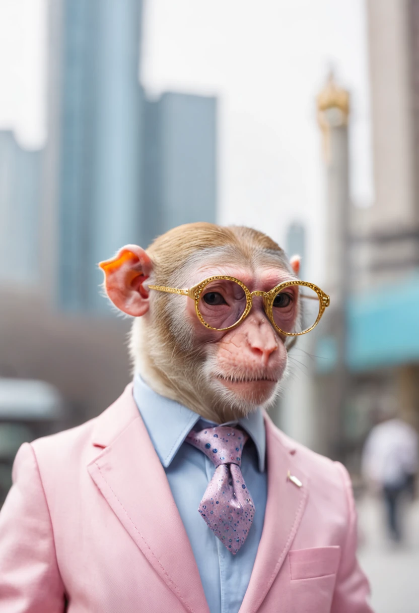 Photo portrait, A fashionable monkey in a tie and suit,Wear a pair of goggles,Exudes a charming glow,Gemstones and gold dot the body,Adding a touch of luxury and jewelry beauty,Shanghai shopping mall background,the street,abortion,vehicles,A man in a pink jacket and yellow tie and a blue shirt and pink jacket and pink jacket,Annabelle Kidston, Professional photo, a character portrait, kitsch movement, Pastel colors