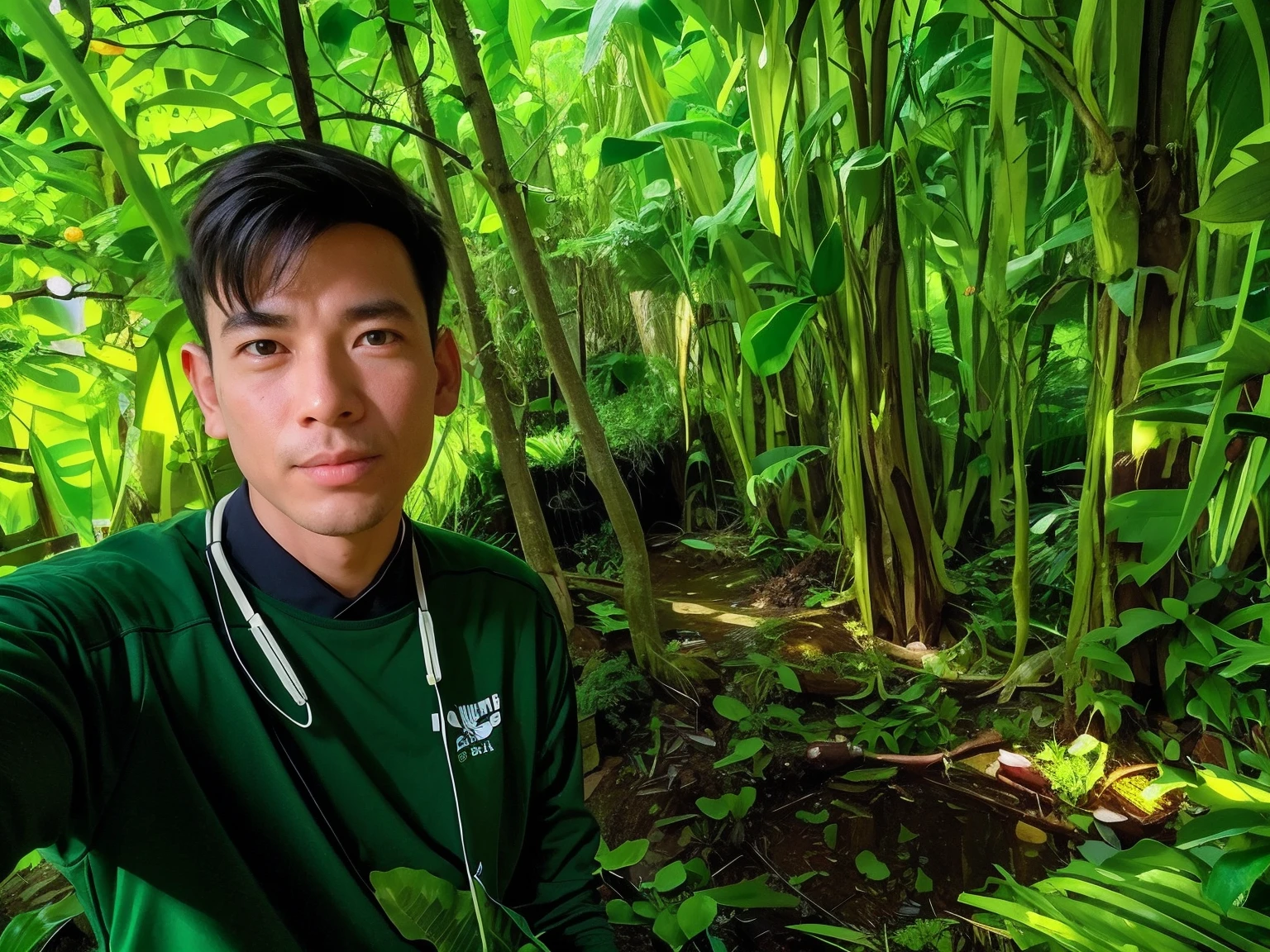 there is a man that is taking a selfie in the woods, in jungle, amidst nature, in front of a forest background, in garden, very very low quality picture, around 1 9 years old, in a jungle, in a jungle environment, with kind face, with accurate face, with lovely look, in jungle forest, very clear picture, scenary, morning time