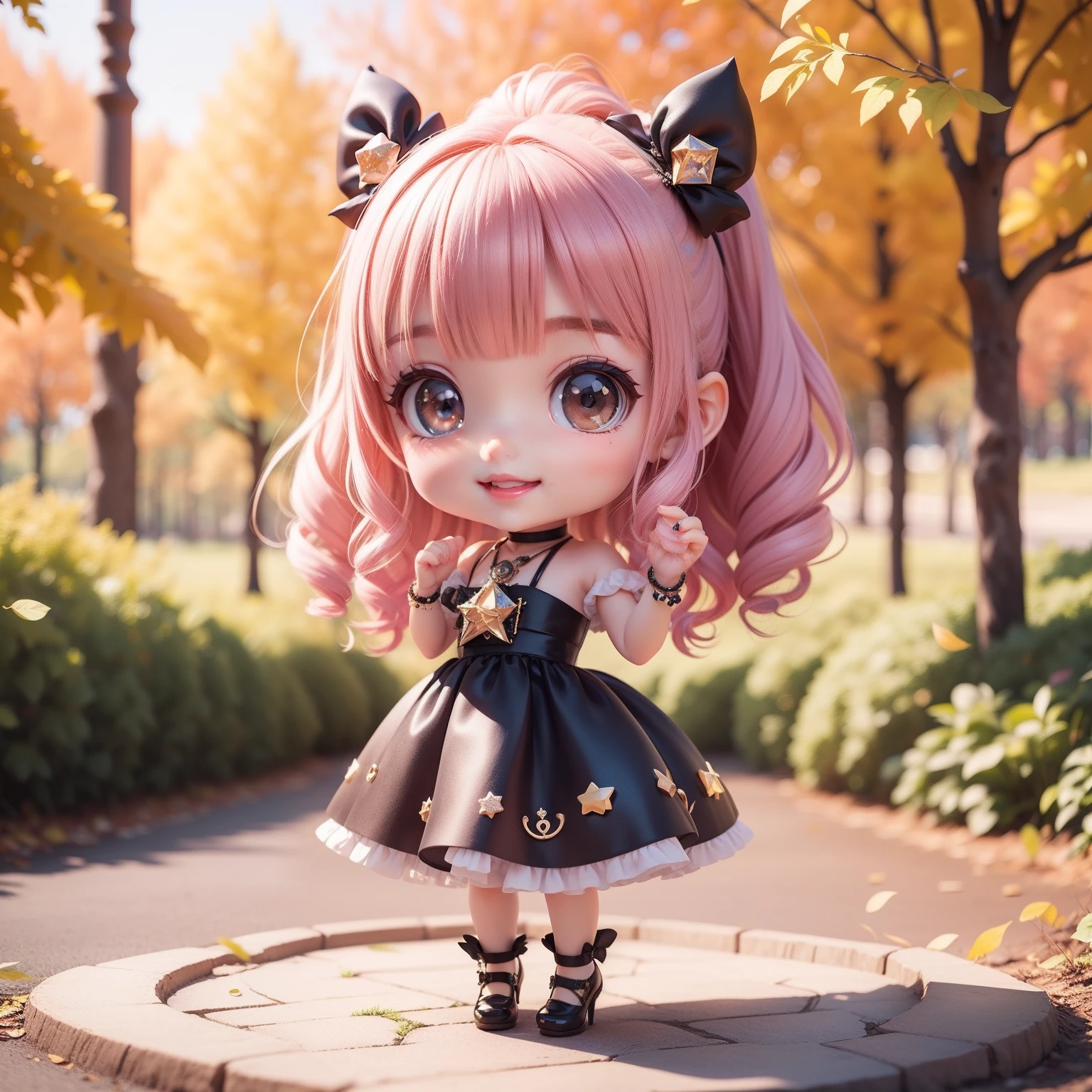 Cute Baby Chibi Anime,(((Chibi 3D))) (Best Quality) (Master Price)、Black feather dress、Luxury Gemstones and Veils、Autumn in the fairytale forest、Holding a star-shaped gem like a diamond in both hands、Multiple colored hair、A detailed face、Open your mouth and smile