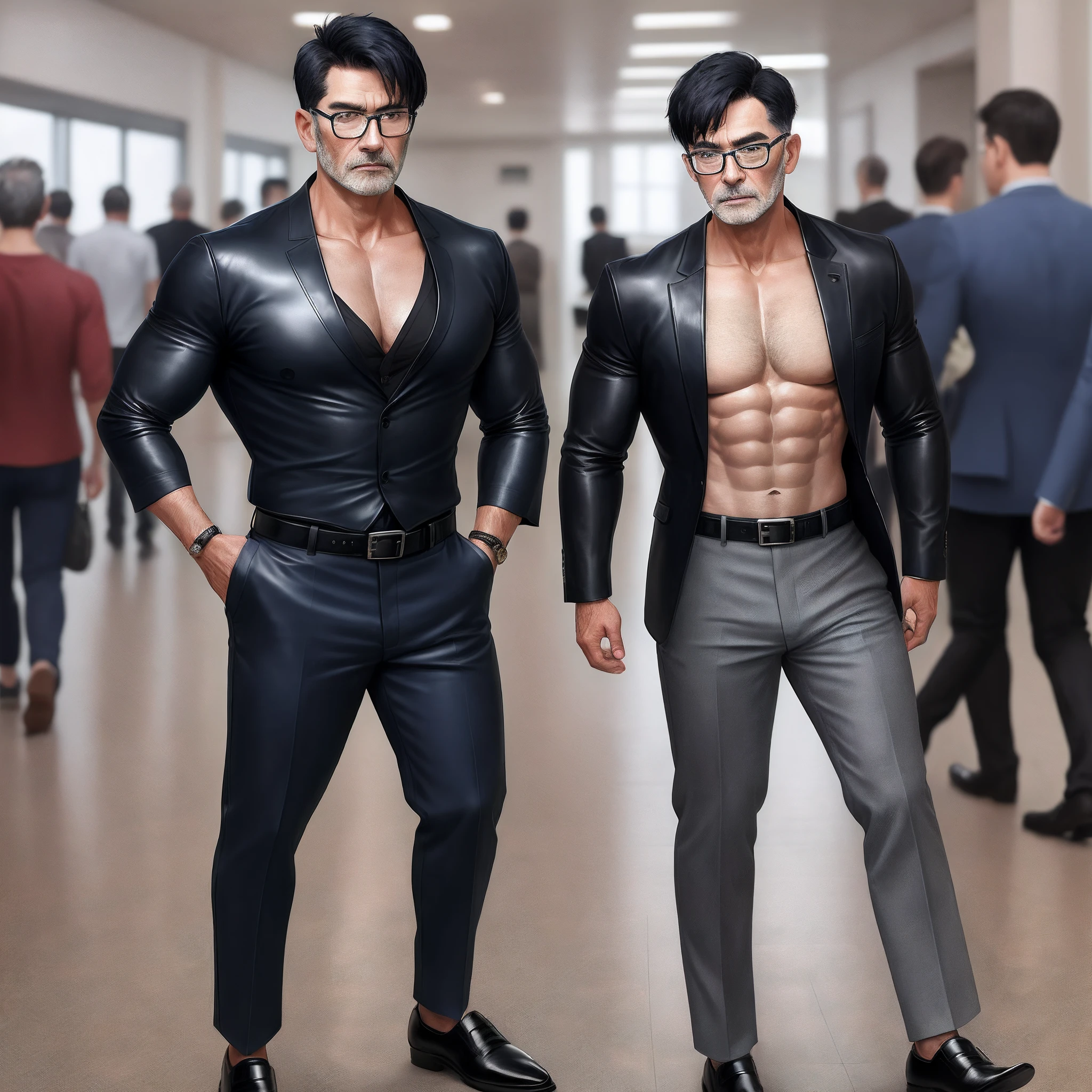 Mature man Short black hair Back shirt unfastened Exposed pectoral muscles Exposed abs Navy blue trousers Unfastened black belt Pointed black leather shoes Black metallic black-framed glasses