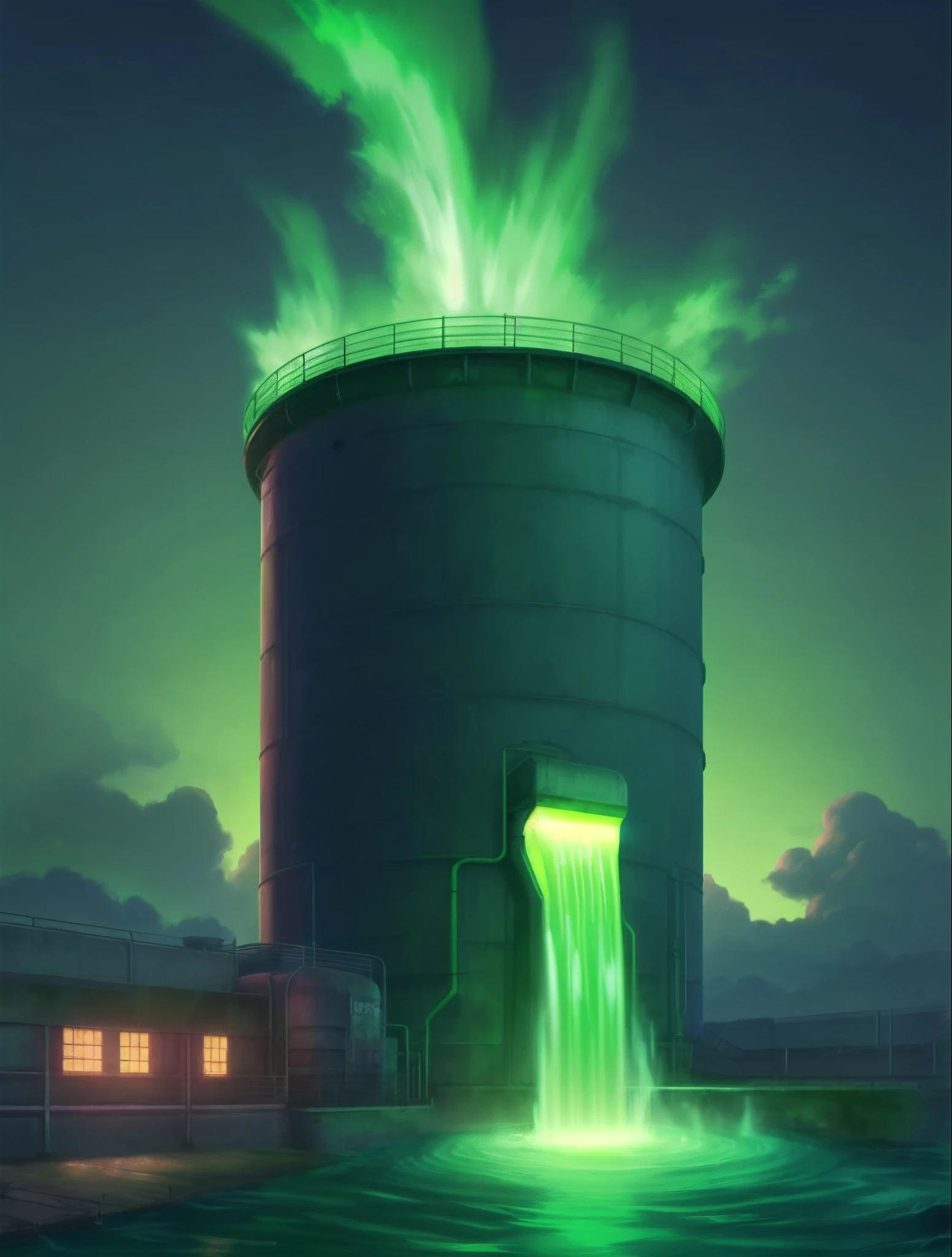 A painting of a large tank，There is a green light inside, green radioactive glow, background artwork, Neon radioactive swamp, flooded tower, beautiful green liquid, arte de fundo, green glow, Factory background, amazing wallpapers, Milipoulo Water Tower, glowing green, glowing water, glowing liquid, watertank, concept-art | RHADS, background jet ground radio