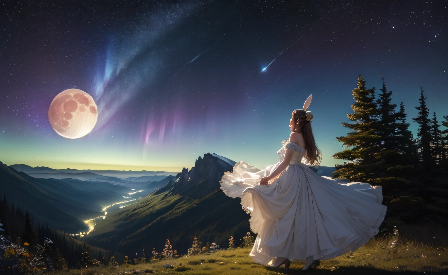 ((best quality)), ((masterpiece)), ((realistic)), ((beautiful female moon)), celestial body struck, comet impact, moon broken in half, surrounded by debris, fragmented, aurora dancing, spring evening, rabbit observer, glimmering stars, forest mist below, on eye level, scenic, masterpiece