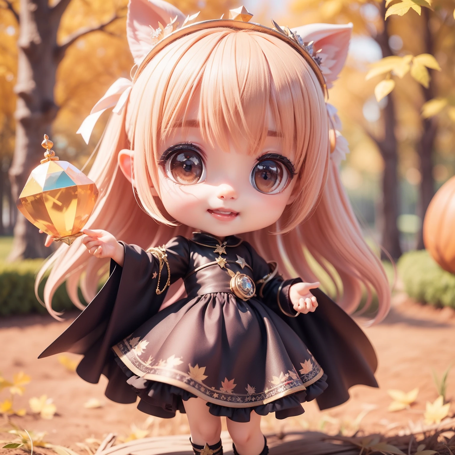 Cute  Chibi Anime,(((Chibi 3D))) (Best Quality) (Master Price)、Black feather dress、Luxury Gemstones and Bales、Autumn in the fairytale forest、Holding a star-shaped gem like a diamond in both hands、Multiple colored hair、A detailed face、Open your mouth and smile