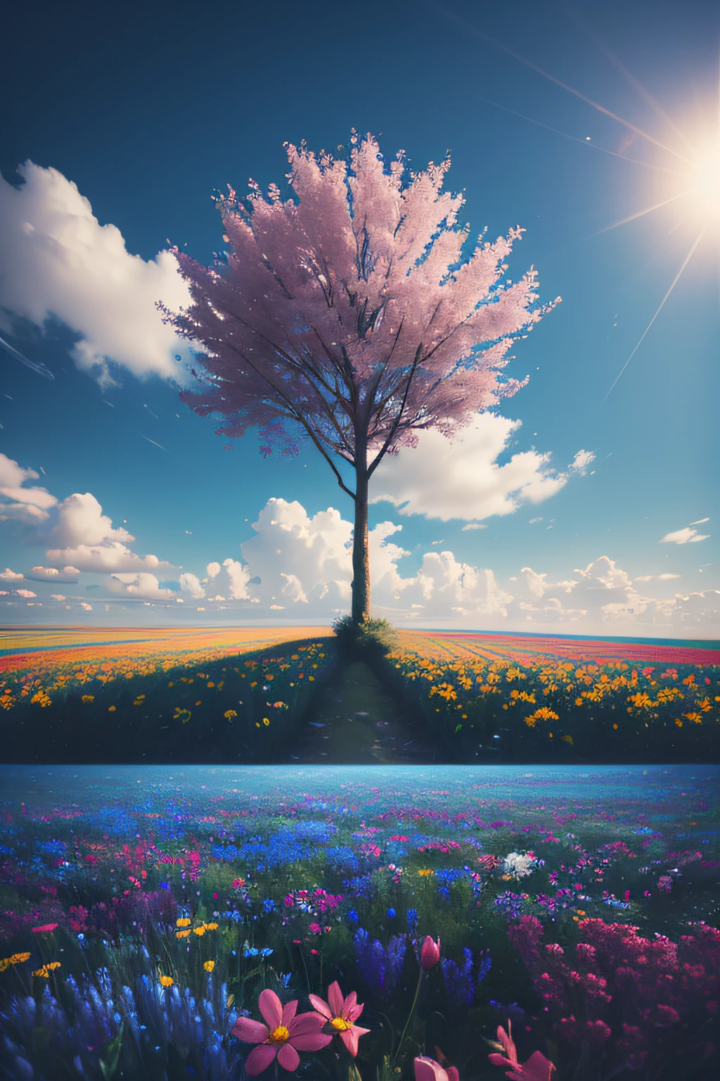 vibrant blue tinted colors, skyscraper, highly saturated colors, Fujifilm Fujichrome Provia 100F film, flower field, purity and dreamy symbolism, (muted colors:1.2), (photon mapping), octane render + hyper realistic, storage, (8k), hdr, sunny,