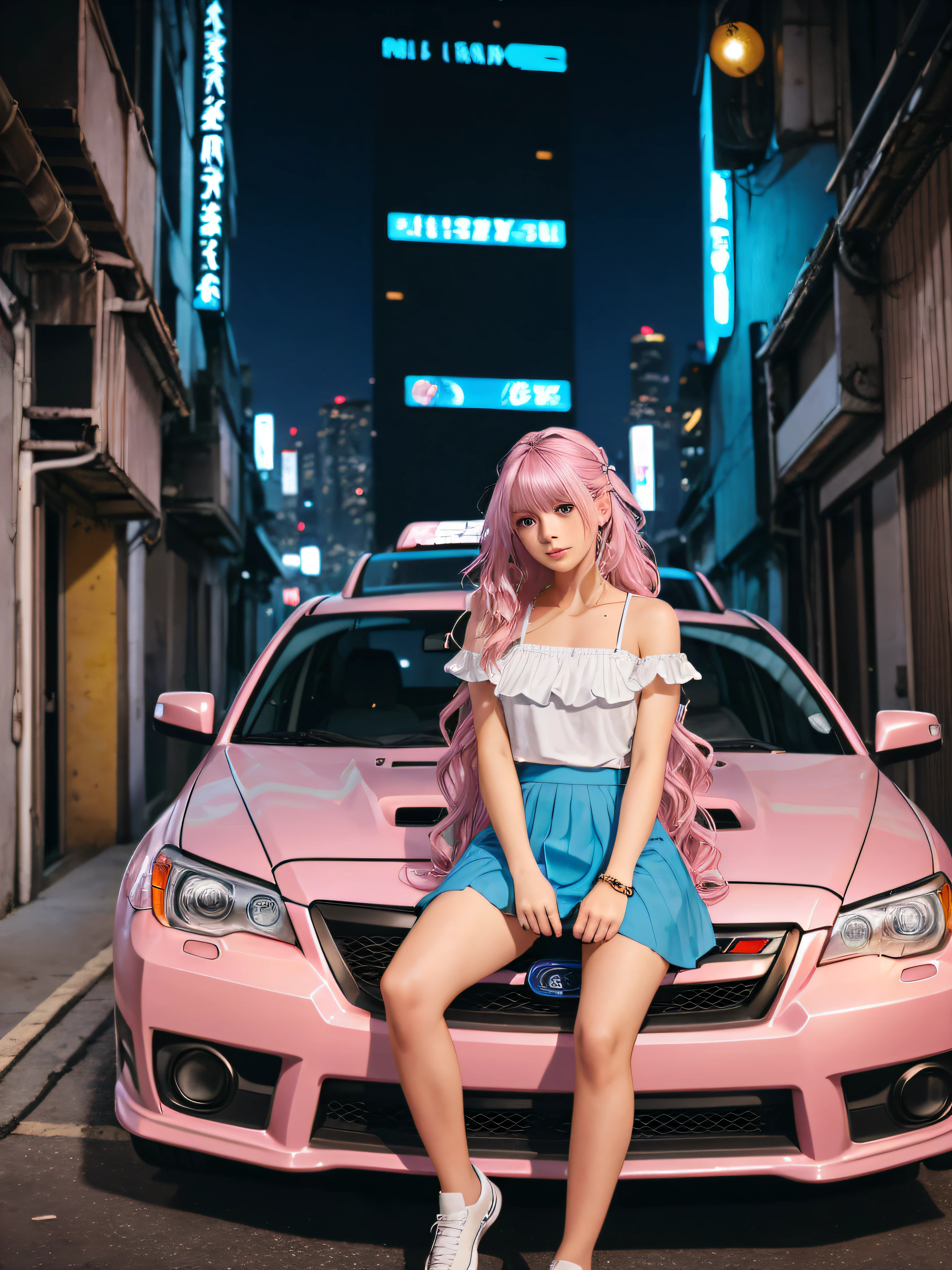 21-year-old girls, gold wavy medium long hair, blue eyes, wearing mid-drift sky-blue spaghetti top, white short ruffles skirt, cyberpunk city alley evening, sitting on hood of 2007 pink Subaru WRX, high res, ultrasharp, 8K, masterpiece, looking at viewer