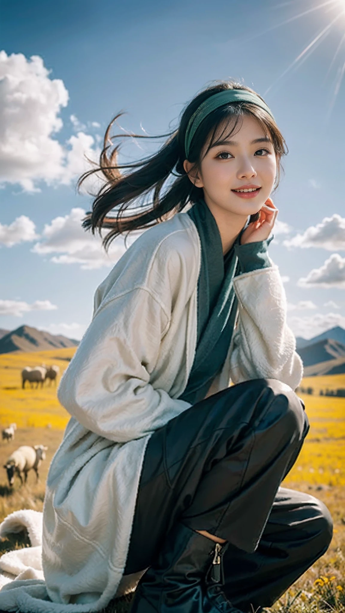 (Tomboyish,small head), (short-length straighthair: 1.2), Black hair,（极其细致的CG 8k壁纸），（Extremely refined and beautiful），（masterpiece），（best qualtiy：1.0），（超高分辨率：1.0），upper body，[A high resolution]，Smooth and flawless fair skin，ultra - detailed ，Slim，emaciated，happy，smile，Wrapped in a Mongolian headscarf，Wearing Gorgeous red Mongolian women's maxi robe，Mongolian pants，Long tube black boots，sitting on the ground，vast green grassland，sunny, blue sky, white clouds，flock of  Sheep, from front，frontlighting，Close-up，cowboy shot
