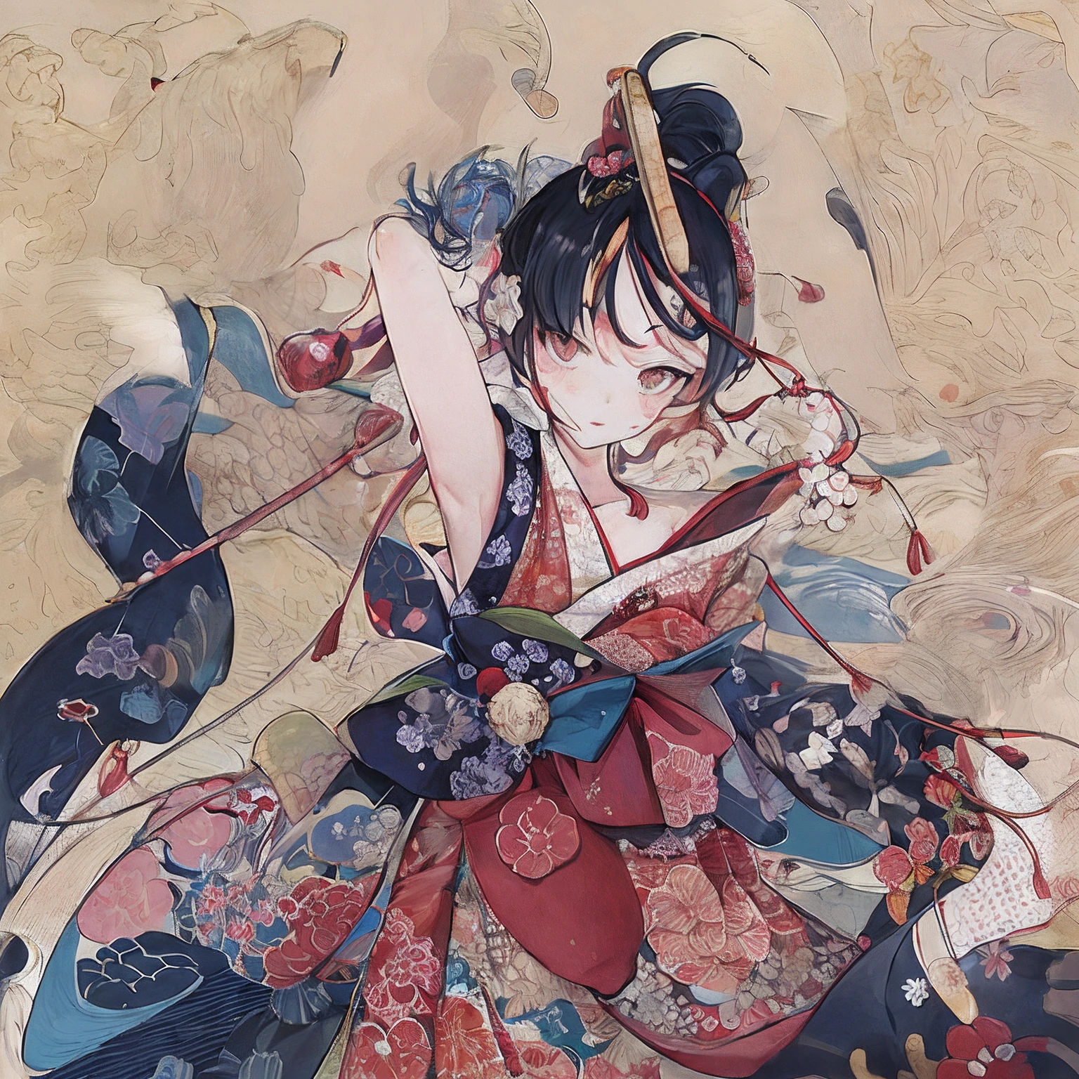 ukiyo-e　 "Japanese painting with high saturation, thick outline strokes, excluding depictions of women, Kabuki."