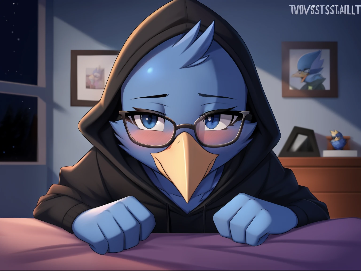 Berdly from Deltarune, professional art made by twistedscarlett60, male, avian, bird, blue body, blue feathers, blue skin, glasses, on bed, bed, bedroom, night, black hoodie, hoodie, hood down, leaning forward, pov, perspective, kiss, lips puckered, indoors, dark