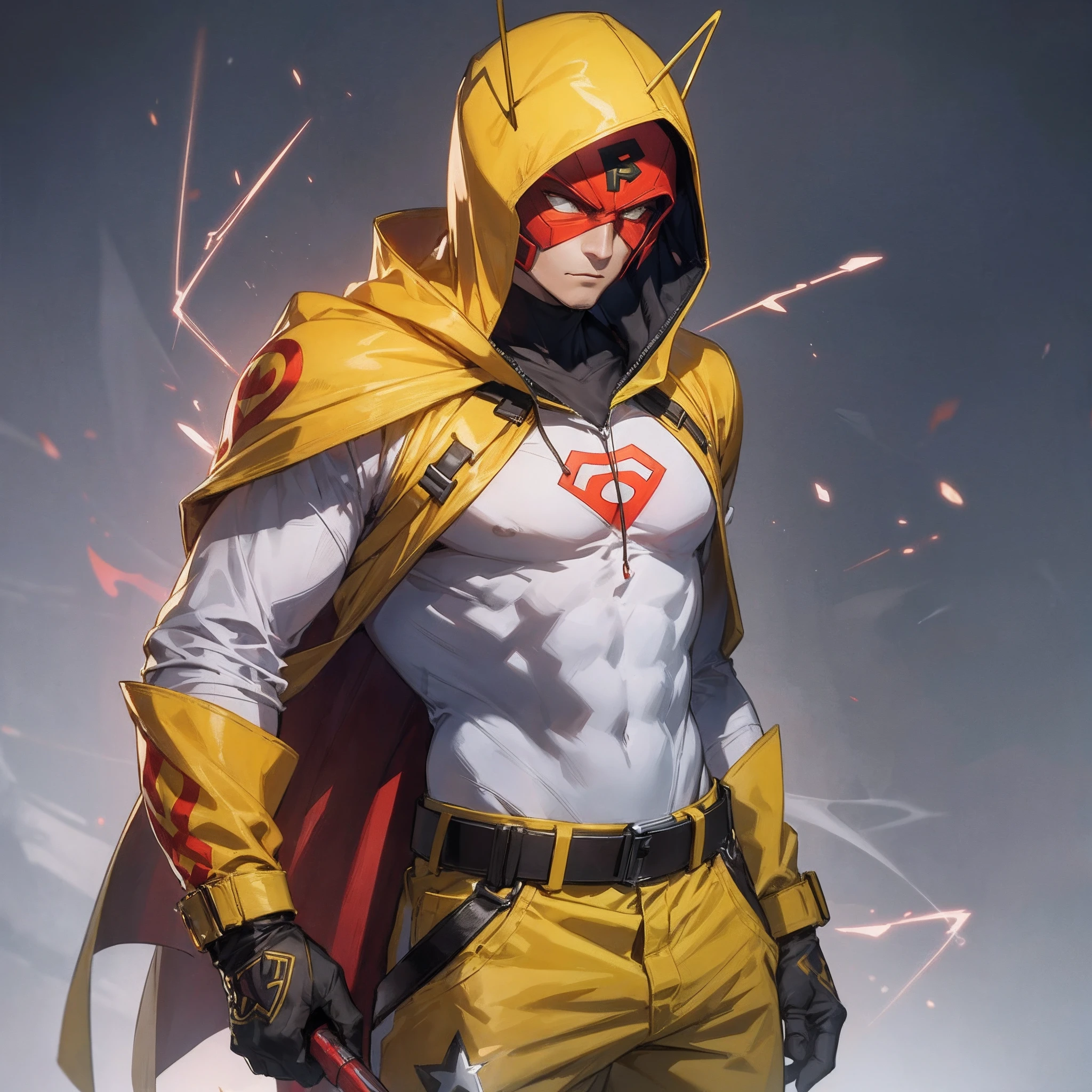 male superhero in red full body uniform, yellow sneakers, red hood with two antennae sticking out of it, yellow heart symbol on chest, holding red and yellow warhammer. --auto --s2