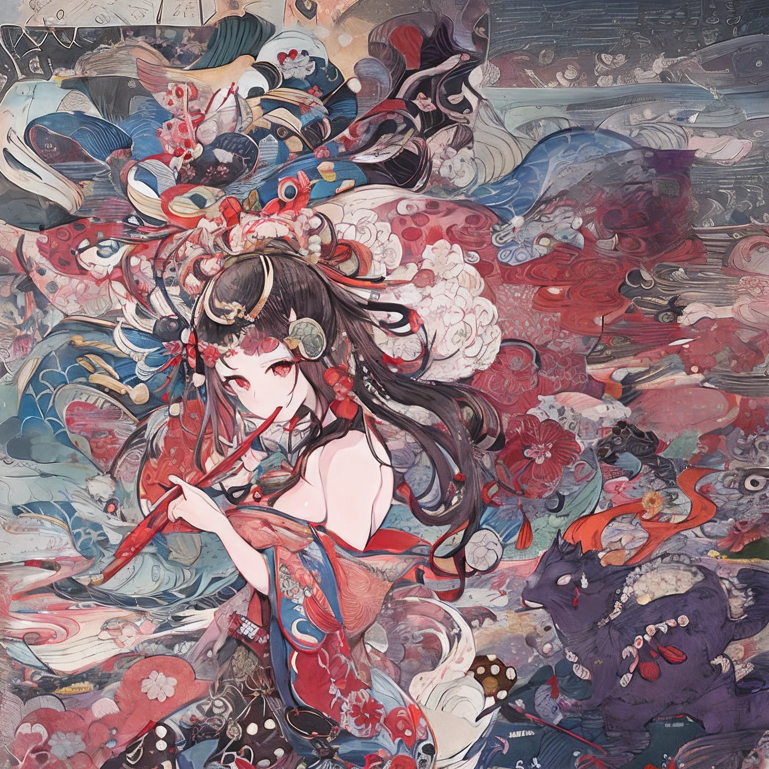 ukiyo-e　 "Japanese painting with high saturation, thick outline strokes, excluding depictions of women, Kabuki."