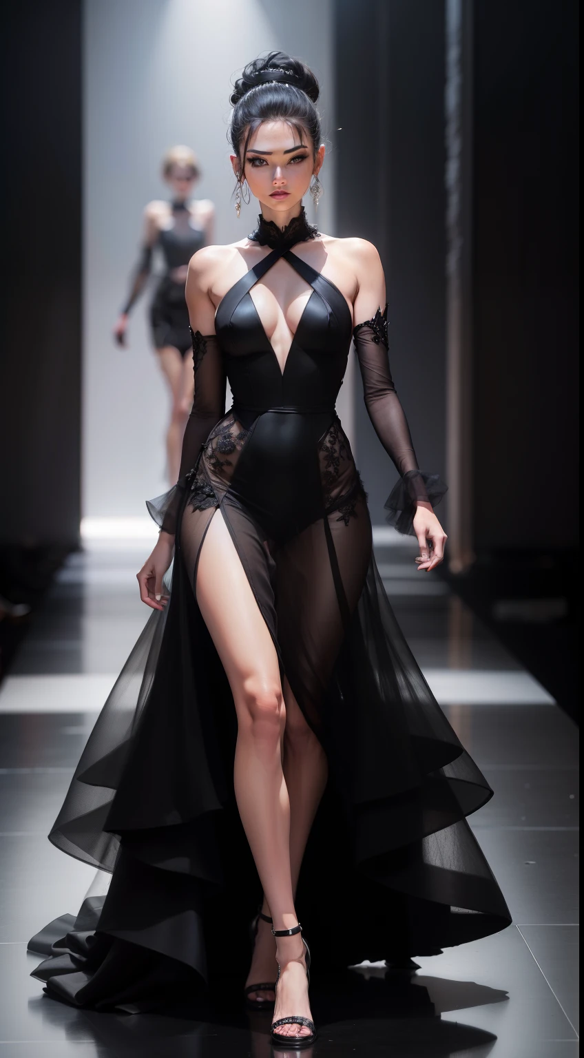 Woman on the catwalk,woman model,Fashion show,black gown
