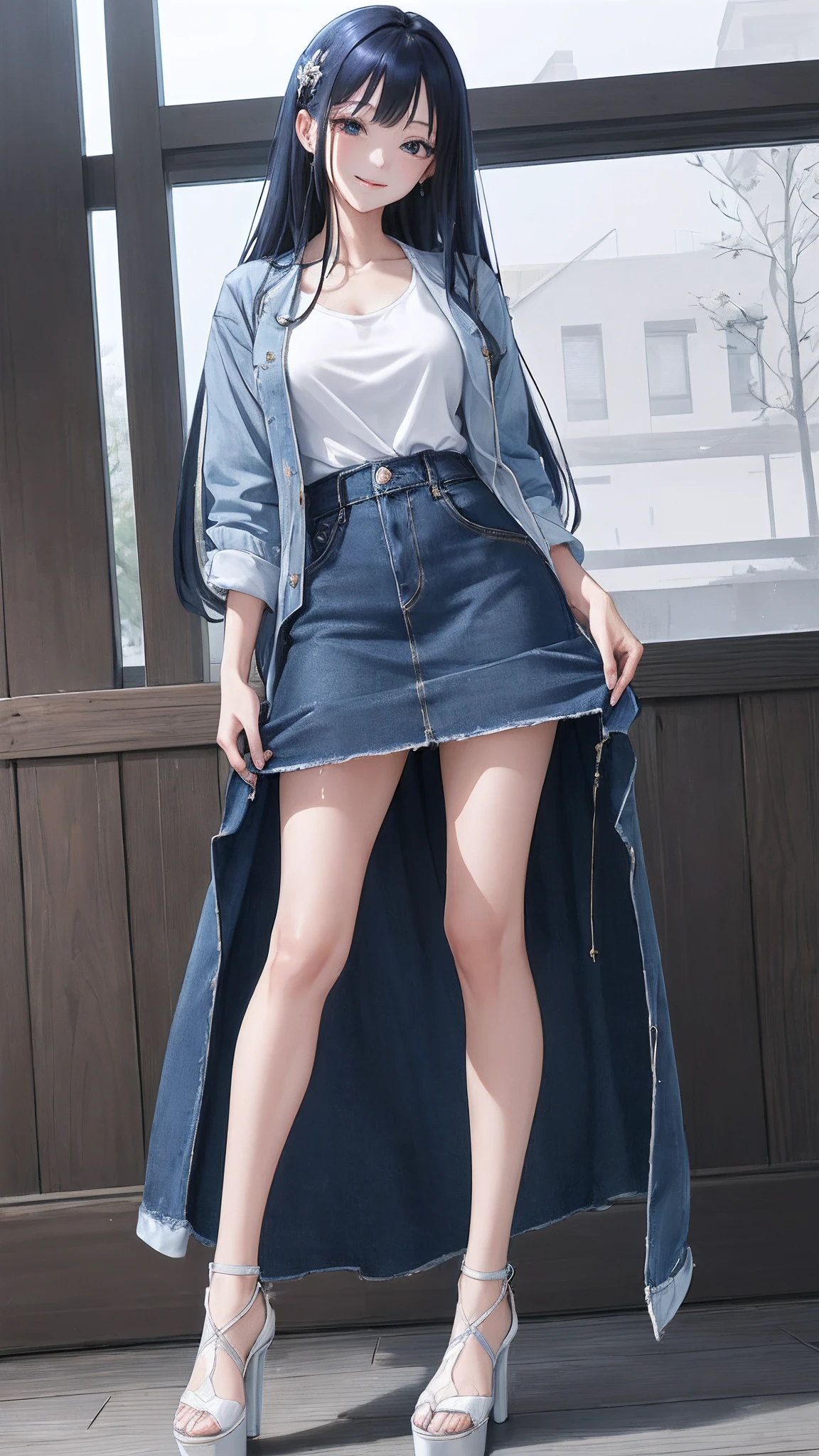 (masutepiece), (Best Quality), {girl|Lady}, Looking at Viewer, {day|Night}, {Indoors|Outdoors}, beautiful hair、Jacket with blue denim front open, white t-shirts、White long Skirt、White pin heels platform sandals、dancing, detailed face、delicate facial features、detailed skin、shiny skin、(fearless smile),