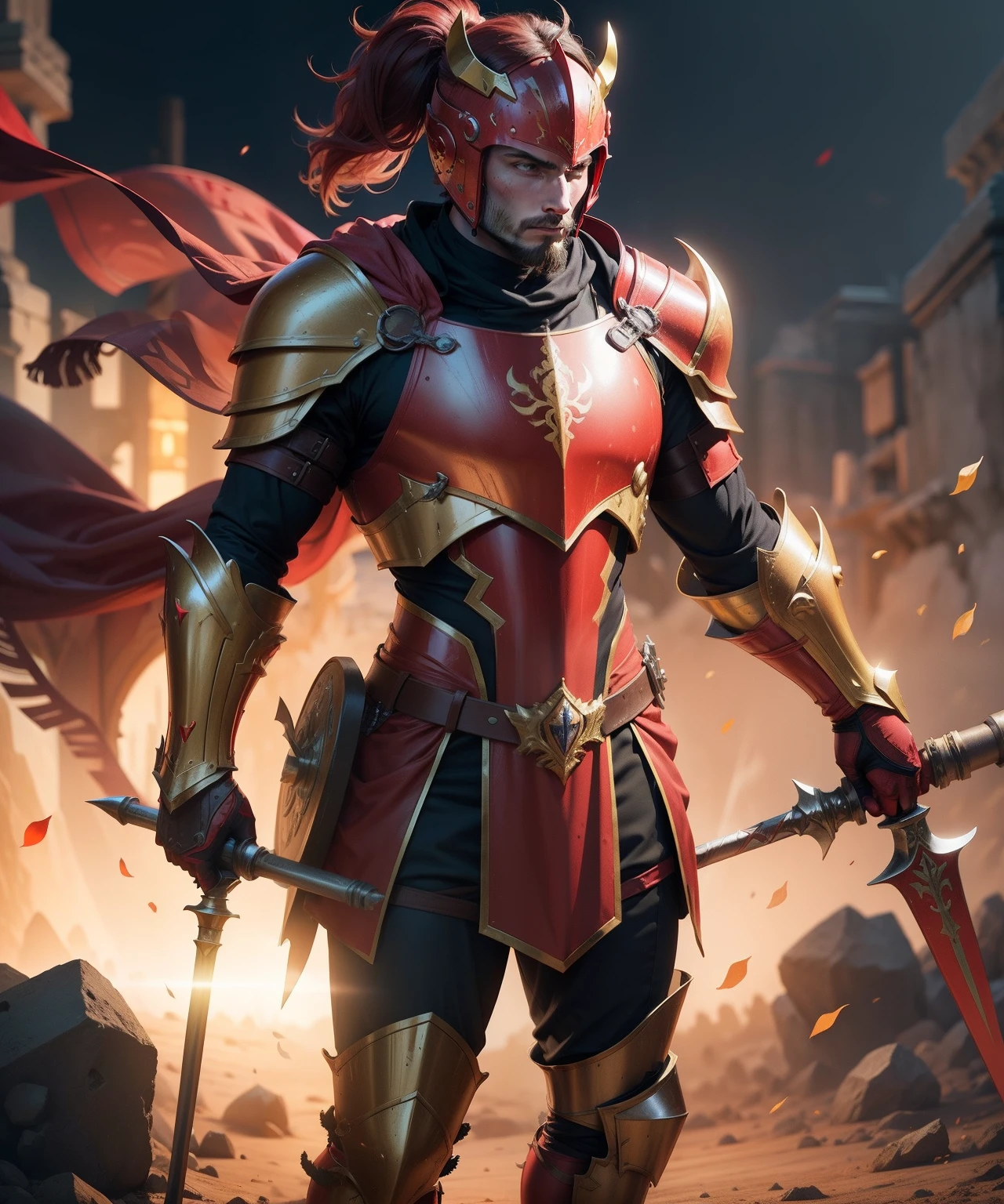 male medieval warrior in red full body armor, yellow greaves, red helmet with two antennae sticking out of it, yellow heart symbol on chest, holding red and yellow warhammer. lit, realistic, 8k