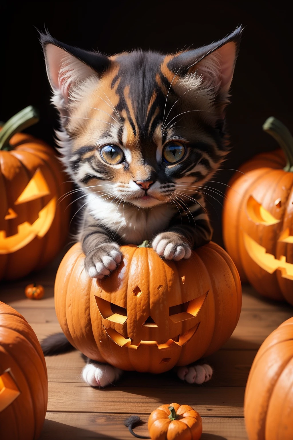 Halloween cute kitten, playing with pumpkins, no edges, cartoon like,
