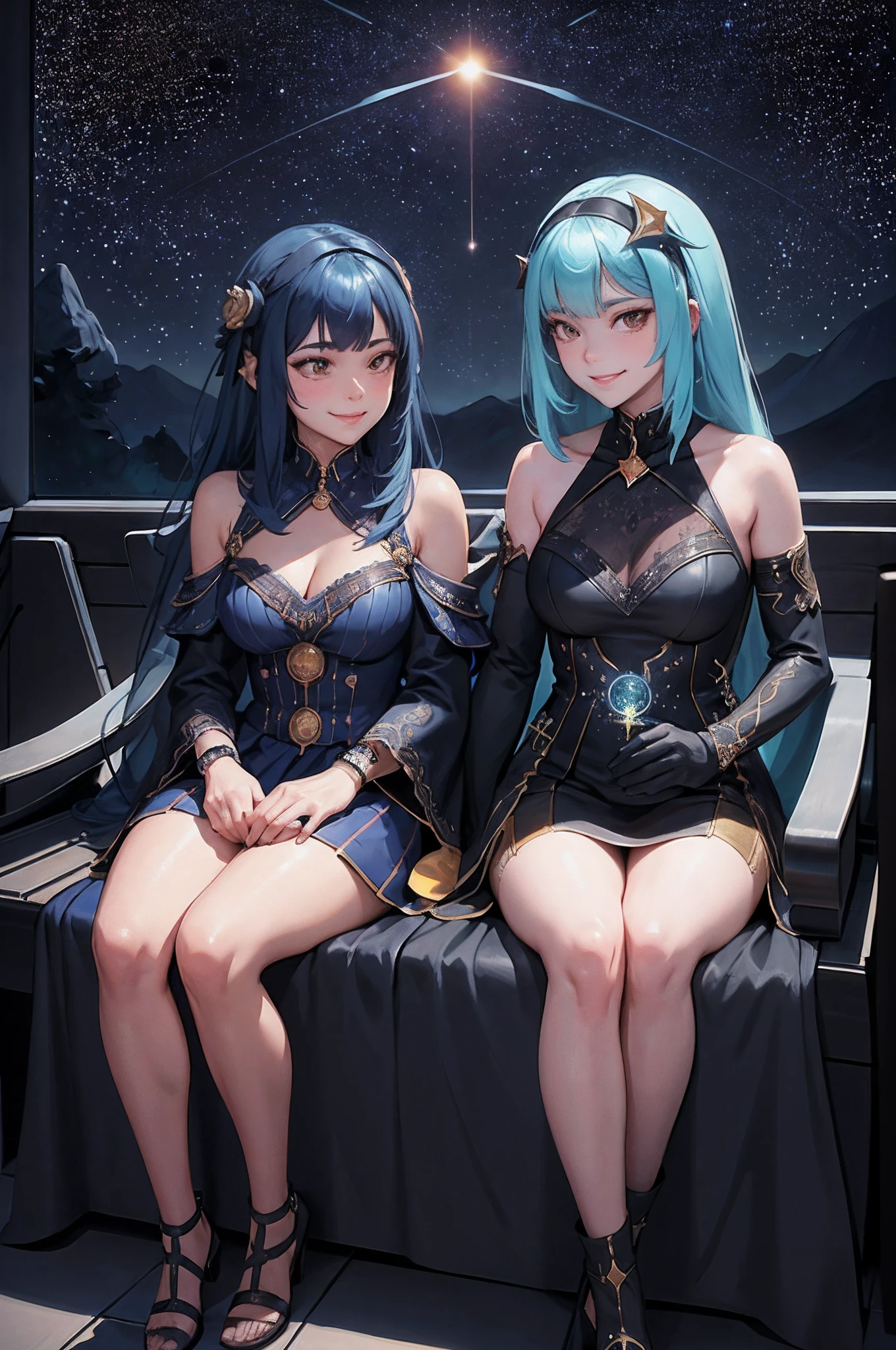 Smiling,Face focus, Meteor shower in the starry sky, Several lesbians sitting together looking at the stars,leering,leering:1.3, Planetary explosions,Masterpiece, Best quality, intricately details, absurderes