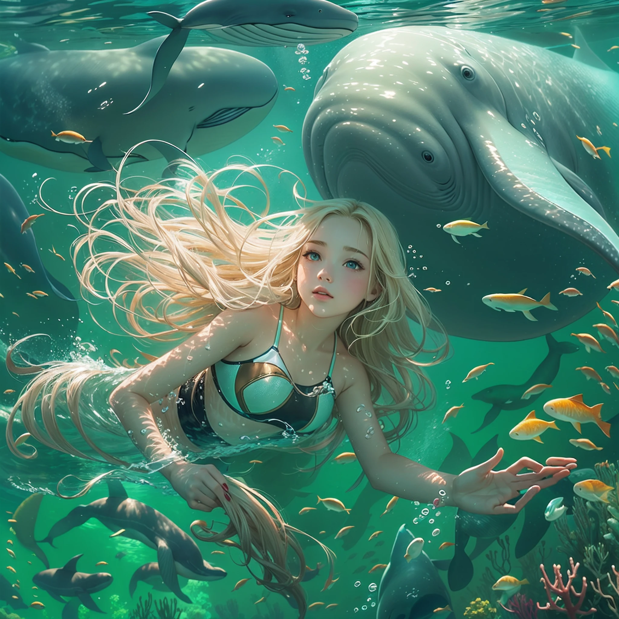 A girl swims underwater. Digital illustration, Beautiful long blonde hair and angelic face, dream magical,Giant whales