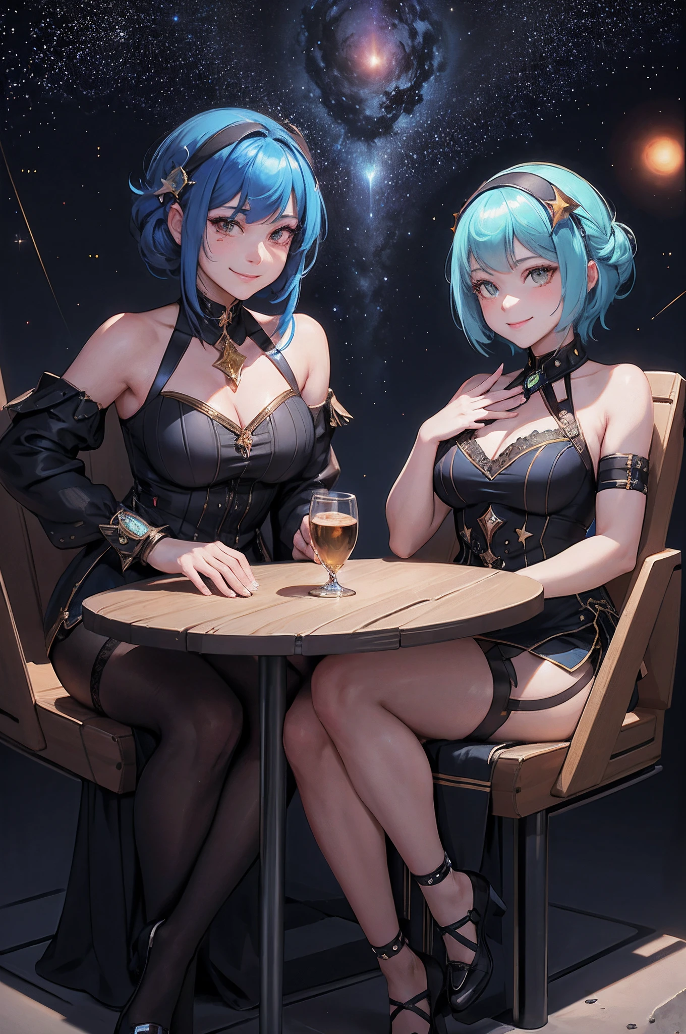 Smiling,Face focus, Meteor shower in the starry sky, Several lesbians sitting together looking at the stars,leering,leering:1.3, Planetary explosions,Masterpiece, Best quality, intricately details, absurderes