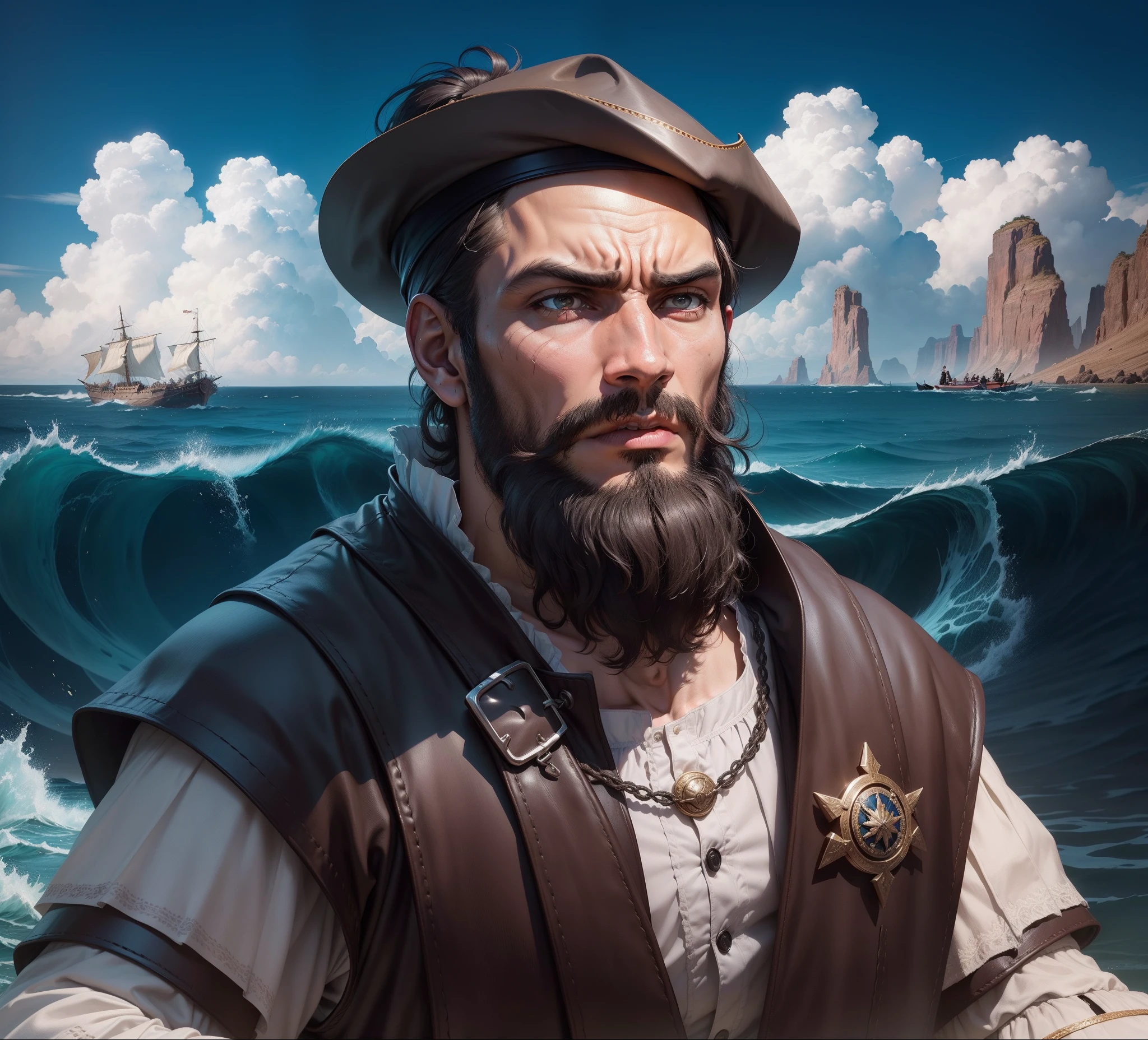 Ferdinand Magellan, very detailed and very expensive navigator clothes, great navigator, 16th century, renaissance, age of exploration, young, age of 25, man, Portuguese, the greatest of all the times, great, circumnavigation, expertise in navigator, great observer, general captain, hero, ill-fated,impressive, Deep outline, daring, brave, All-rounder, great,energetic,neat, knowledgeable, curious, ambitious, intelligent, clever, solid, strong, very attractive, powerful, unrealistic, bright, hero, decisiveness, handsome, sophisticated, solemn, tough, serious, angry, fierce, enthusiastic, diligent, obsessive, opportunist, firm, staunch, steady,Ingenuity, angry, rage, hate