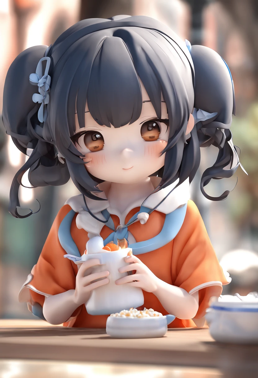 Cartoon girl with black hair and orange dress holding blue spoon, good smile company anime style, render of a cute 3d anime girl, anime moe art style, , style as nendoroid, Cute! C4D, anime chibi, Nendoroid 3D, small curvaceous loliime visual of a cute girl, nendroid