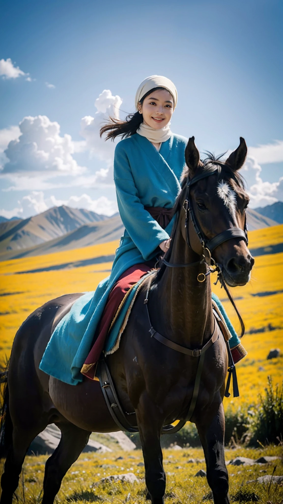 (Tomboyish,small head), (short-length straighthair: 1.2), Black hair,（极其细致的CG 8k壁纸），（Extremely refined and beautiful），（masterpiece），（best qualtiy：1.0），（超高分辨率：1.0），upper body，[A high resolution]，Smooth and flawless fair skin，ultra - detailed ，Slim，emaciated，happy，smile，Wrapped in a Mongolian headscarf，Wearing Gorgeous red Mongolian women's maxi robe，Mongolian pants，Long tube black boots，riding a horse，vast green grassland，sunny, blue sky, white clouds，flock of  Sheep, from front，frontlighting，Close-up，cowboy shot