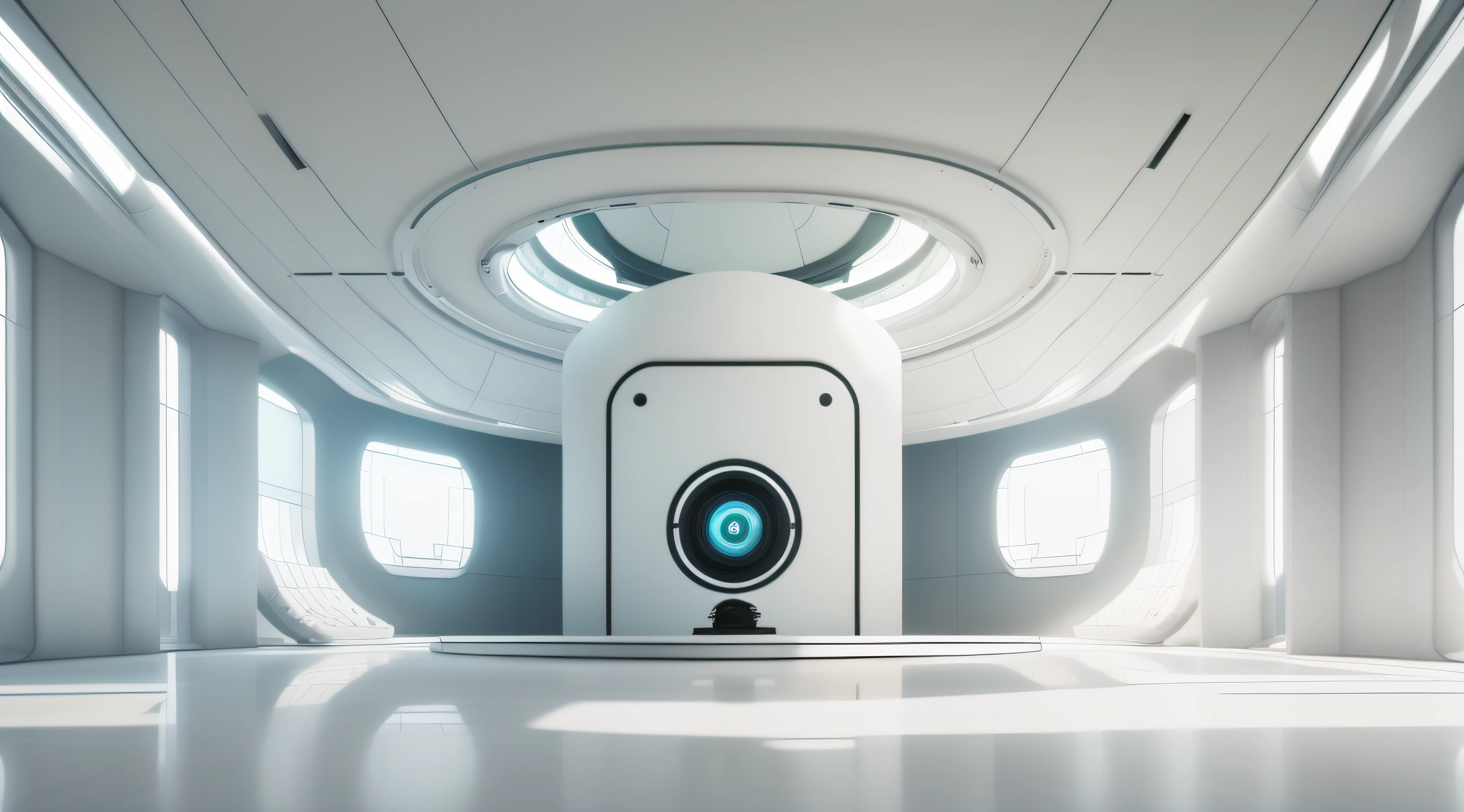 Futuristic minimalist white sci-fi studio,There is a large glass podium in the center of the stage,In the distance wall is embedded a giant artificial intelligence brain, first person perspective,wide wide shot,in a panoramic view,35mm,highlight,high detal,8k,A high resolution