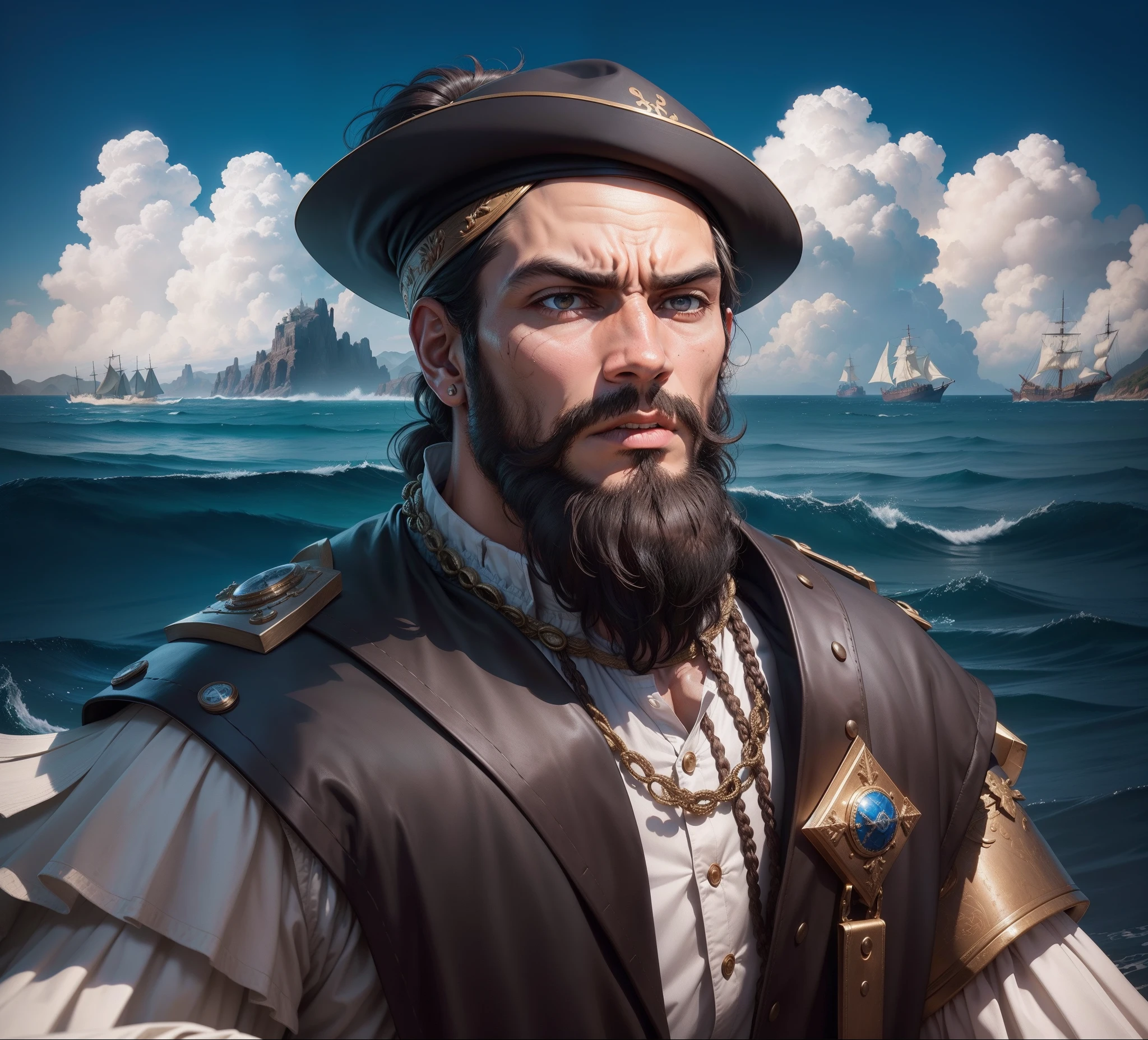 Ferdinand Magellan, very detailed and very expensive navigator clothes, great navigator, 16th century, renaissance, age of exploration, young, age of 25, man, Portuguese, the greatest of all the times, great, circumnavigation, expertise in navigator, great observer, general captain, hero, ill-fated,impressive, Deep outline, daring, brave, All-rounder, great,energetic,neat, knowledgeable, curious, ambitious, intelligent, clever, solid, strong, very attractive, powerful, unrealistic, bright, hero, decisiveness, handsome, sophisticated, solemn, tough, serious, angry, fierce, enthusiastic, diligent, obsessive, opportunist, firm, staunch, steady,Ingenuity, angry, rage, hate
