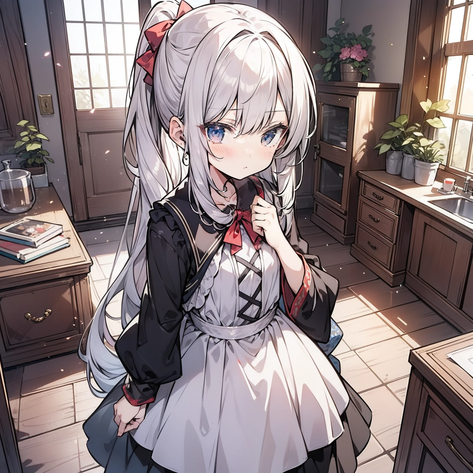 Anime girl around 10 years old,Double ponytail hairstyle 1.5,Long white hair 1.5,Wearing a plain white dress,standing in the room(Serious expression 1.5)(Pout 1.5)(The background is in the room in the village:1.5),Anime style 4K,Anime rendering,style of anime,8K fineness,(Upper body display:1.5)(Cinematic lighting:1.5)(Flat chest 1.5)(Little Loli 1.5)